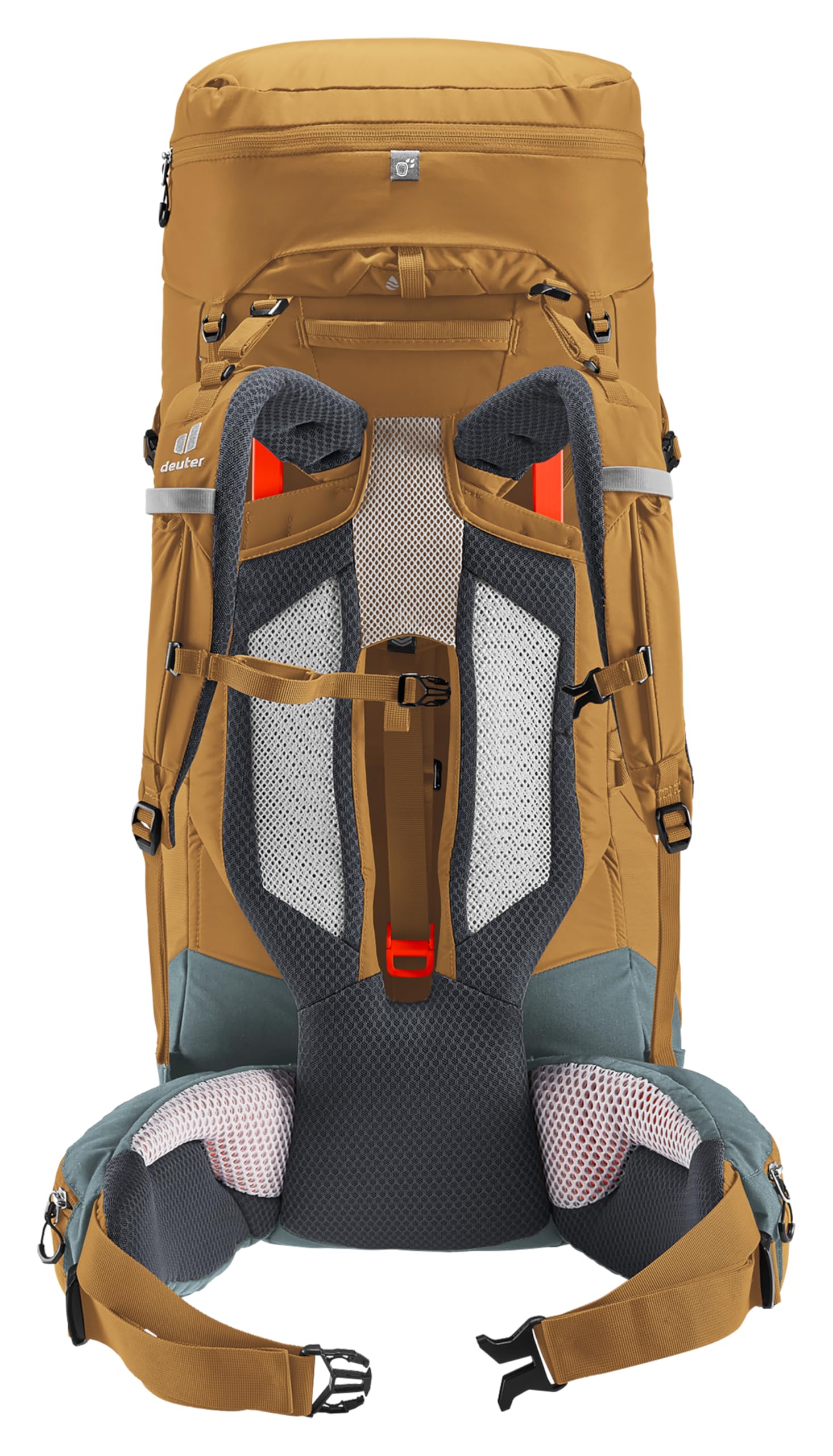 Deuter Aircontact Core 50+10L side view showing extended spindrift collar