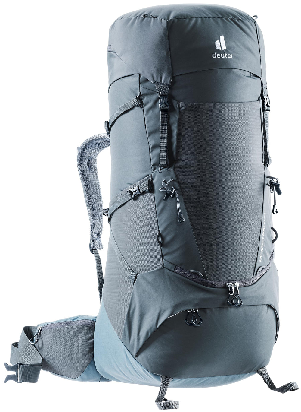 Deuter Aircontact Core 65+10 ink front zip access enables quick packing