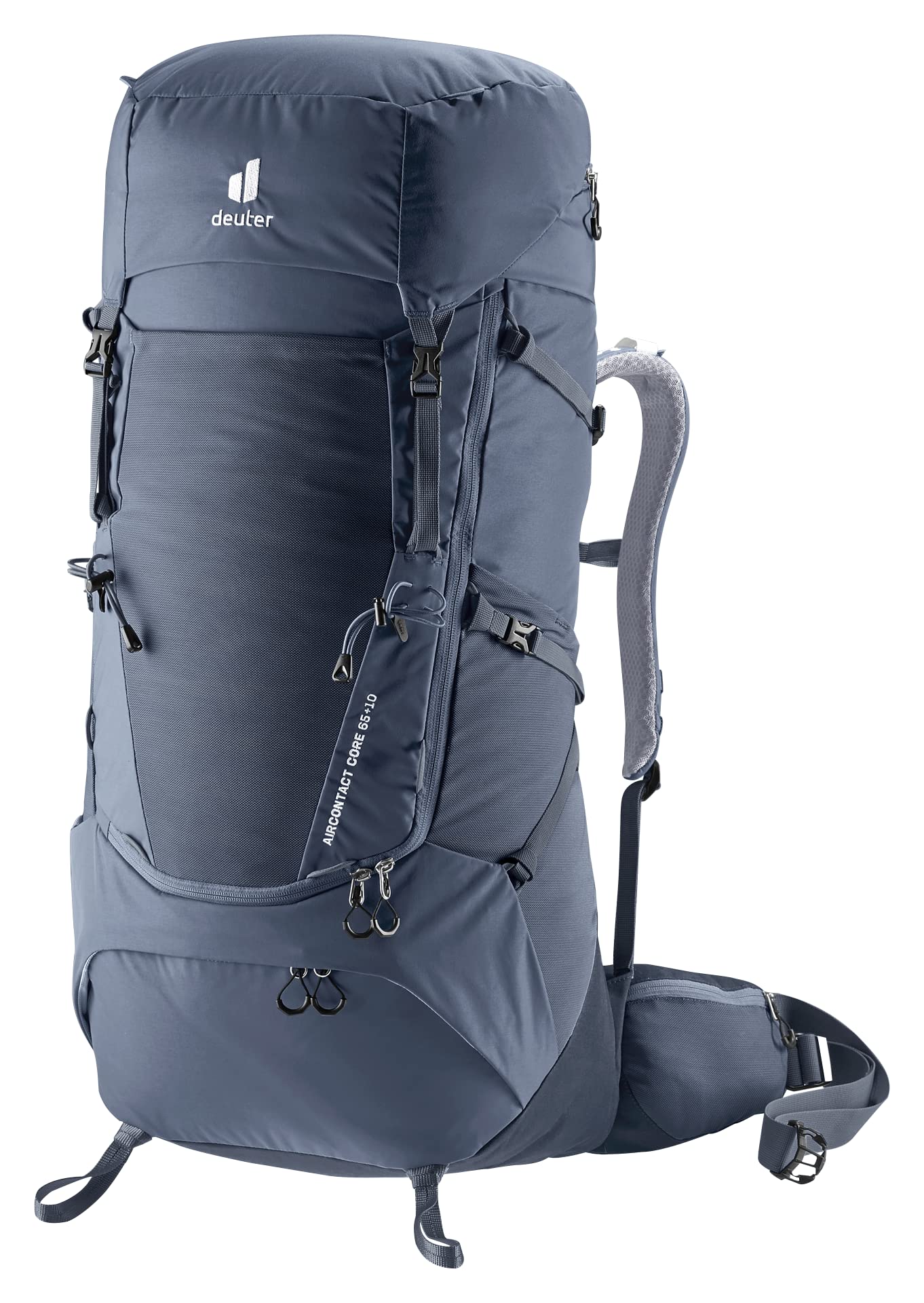 Deuter Aircontact Core 65+10 ink backpack front view for sturdy trekking comfort