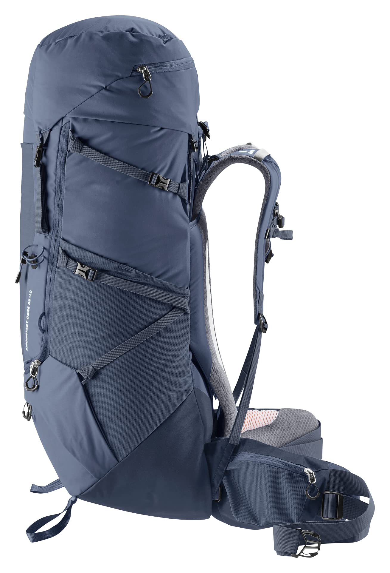 Deuter Aircontact Core 65+10 ink side view with pockets for gear access