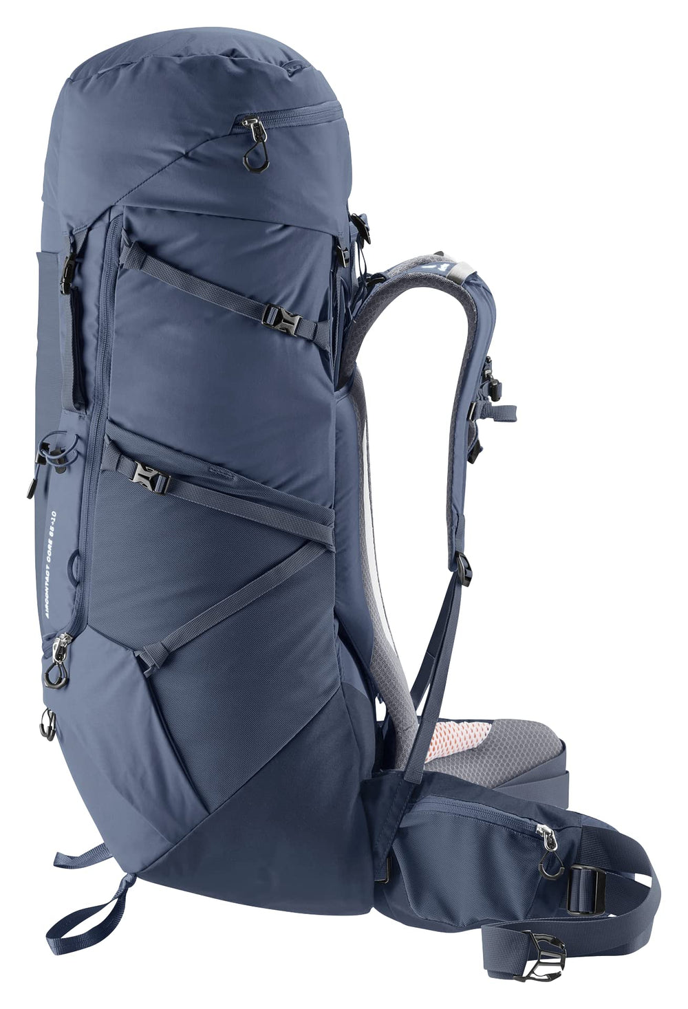 Deuter Aircontact Core 65+10 ink side view with pockets for gear access