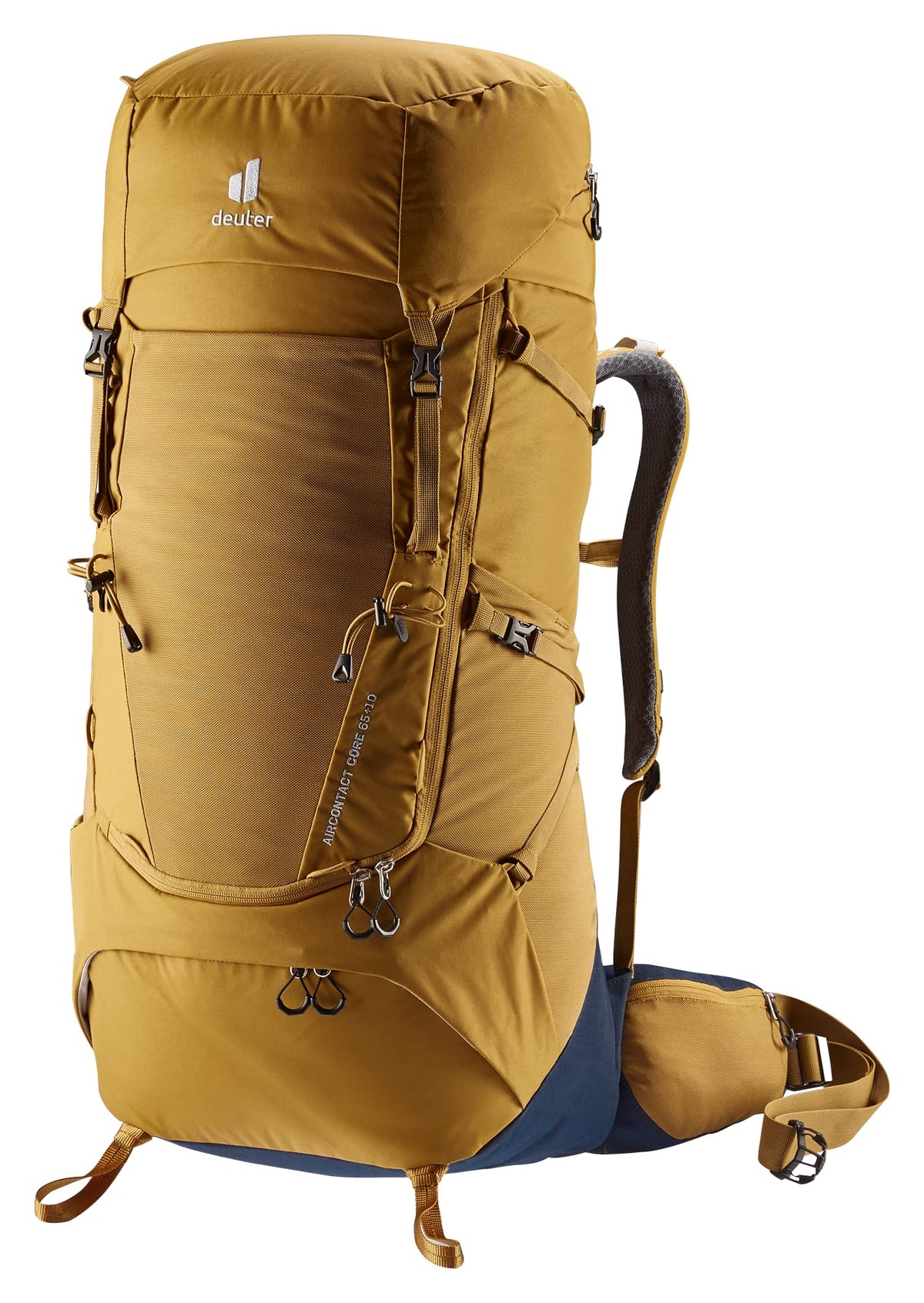 Deuter Aircontact Core 65+10L backpack showing hiking-back stability for extended treks