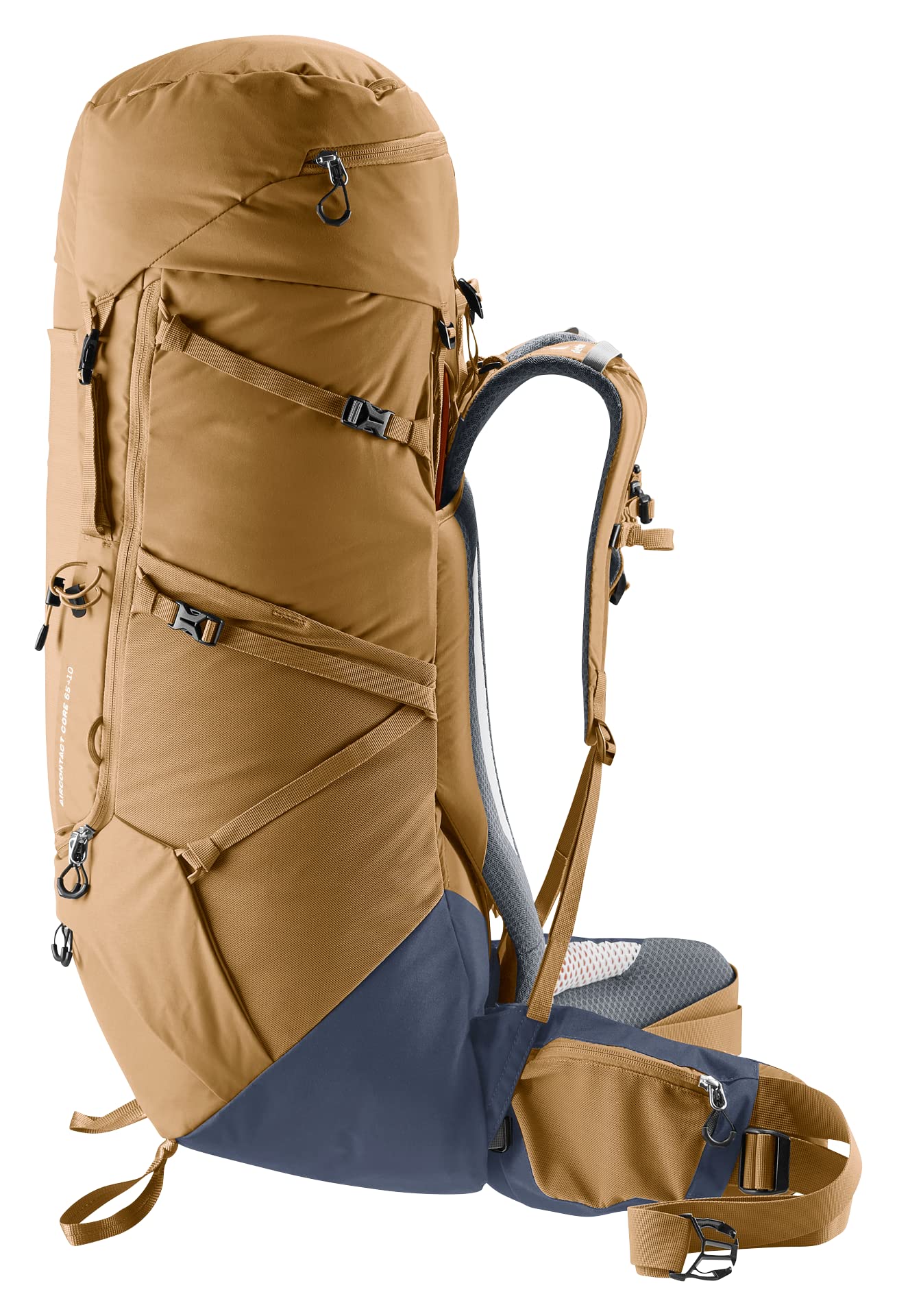 Deuter Aircontact Core 65+10L demonstrating secure load-transfer system on rugged trails