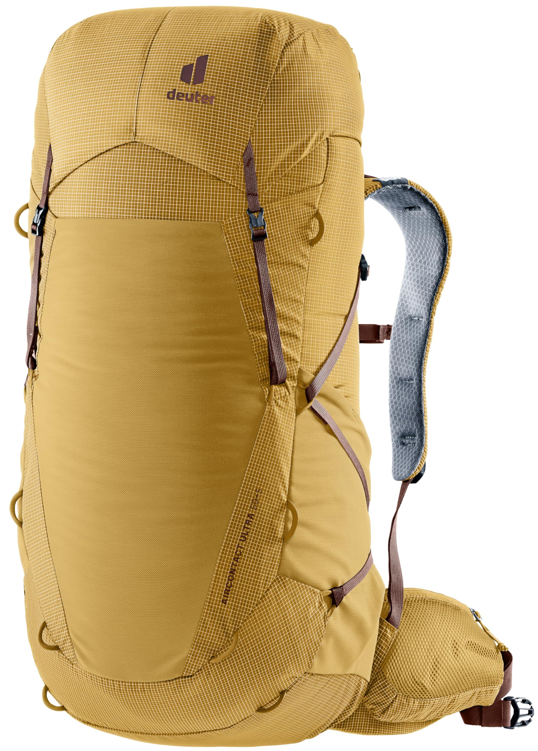 Deuter Aircontact Ultra 50-5L backpack with lid removed for lightweight trekking on long trips.