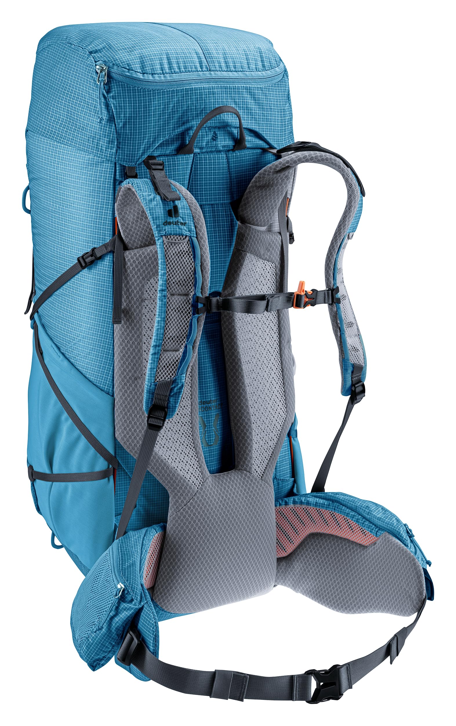 Deuter Aircontact Ultra 50+5L mesh side pocket for water bottles.