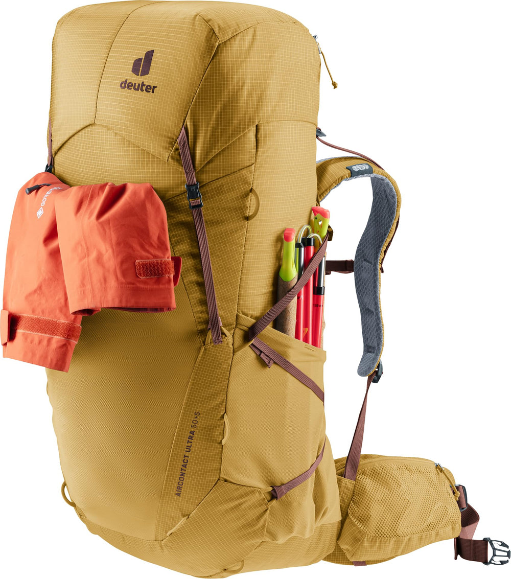 Zippered lid on the Deuter Aircontact Ultra 50-5L for quick-access essentials.