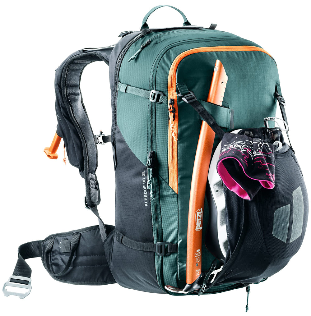 Deuter Alproof 30L SL diagonal ski and snowboard attachment keeps gear secure