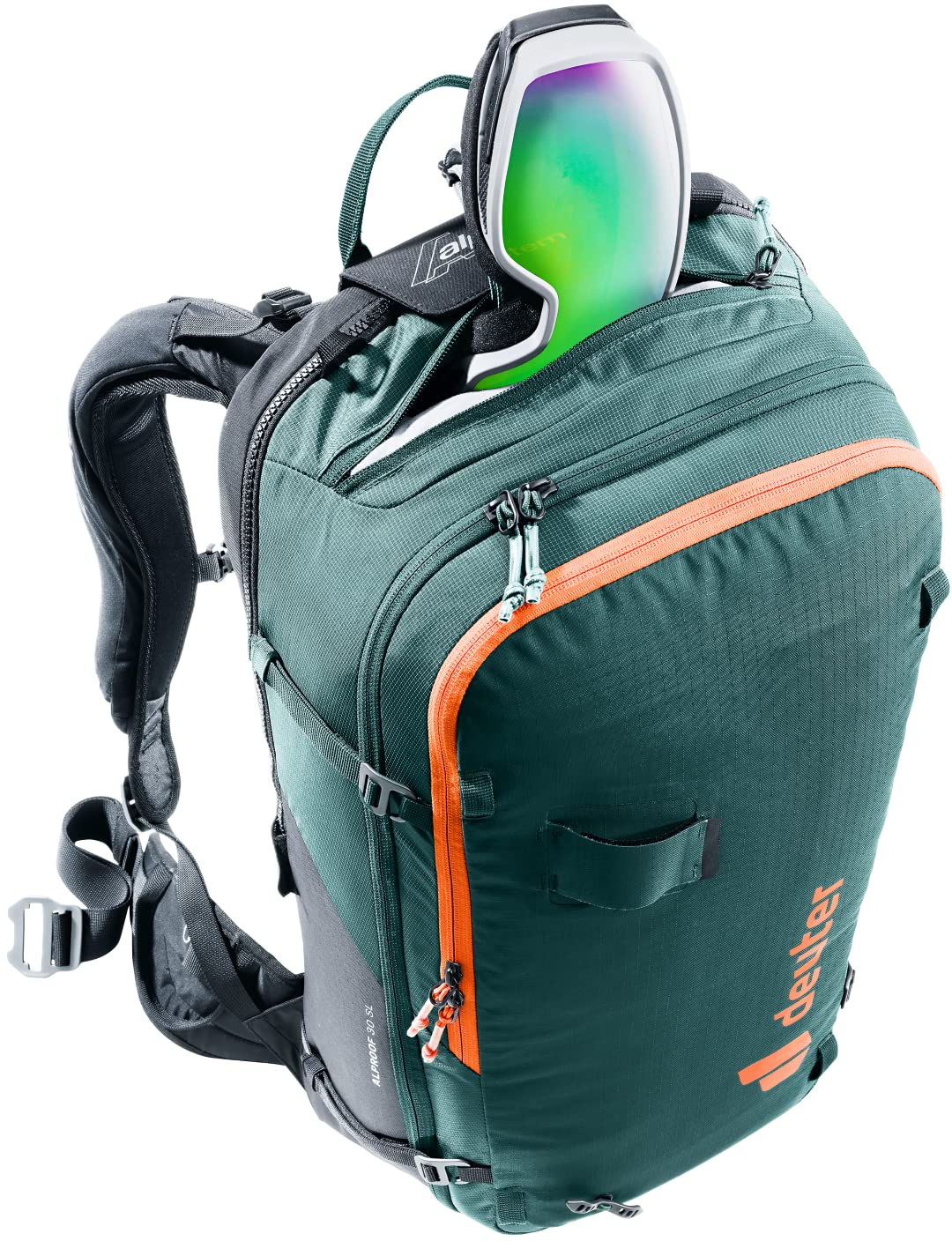 Deuter Alproof 30L SL fleece-lined pockets to protect goggles and lenses from cold and wind