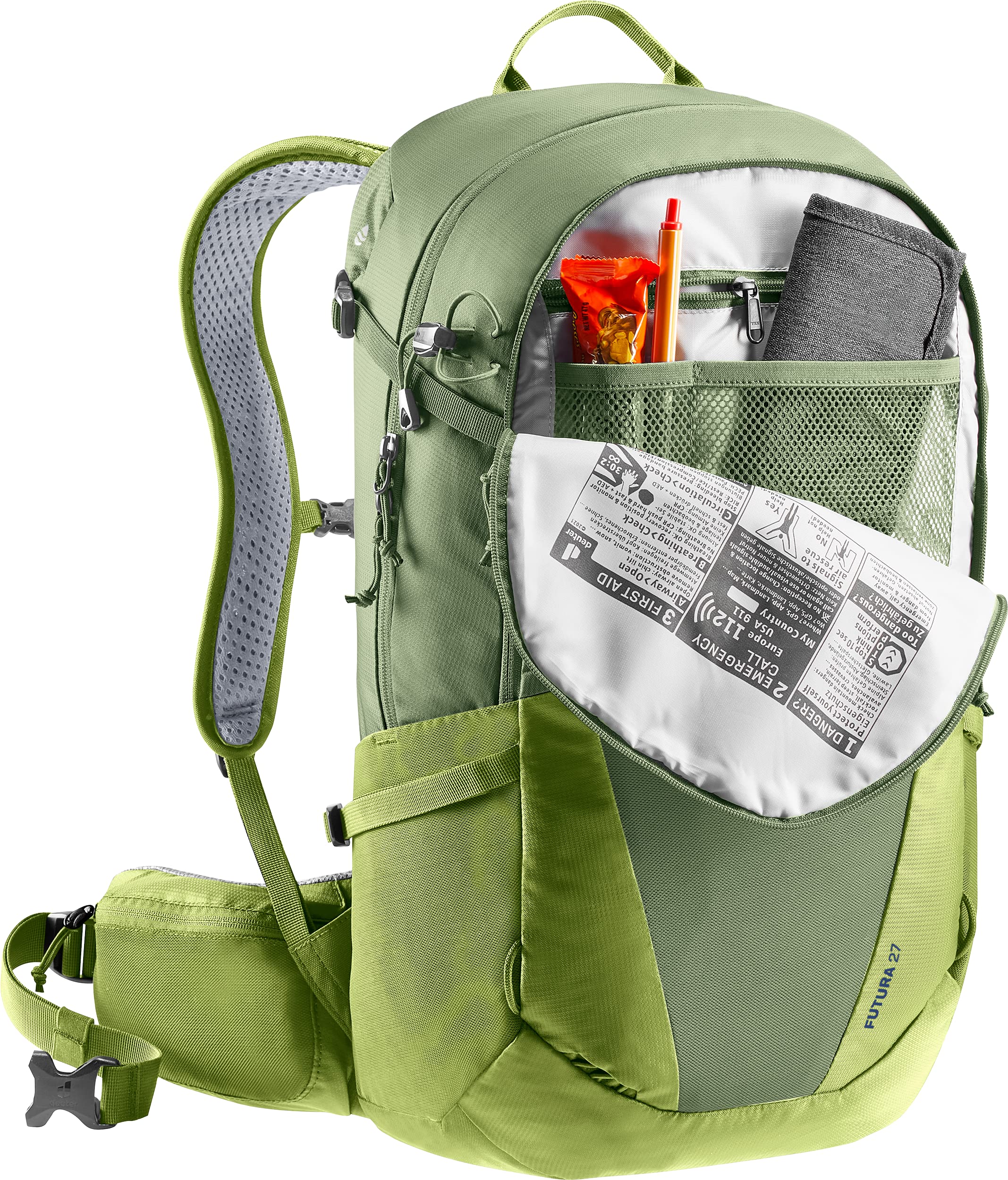 Deuter elastic spring steel frame supports load transfer to hip fins.