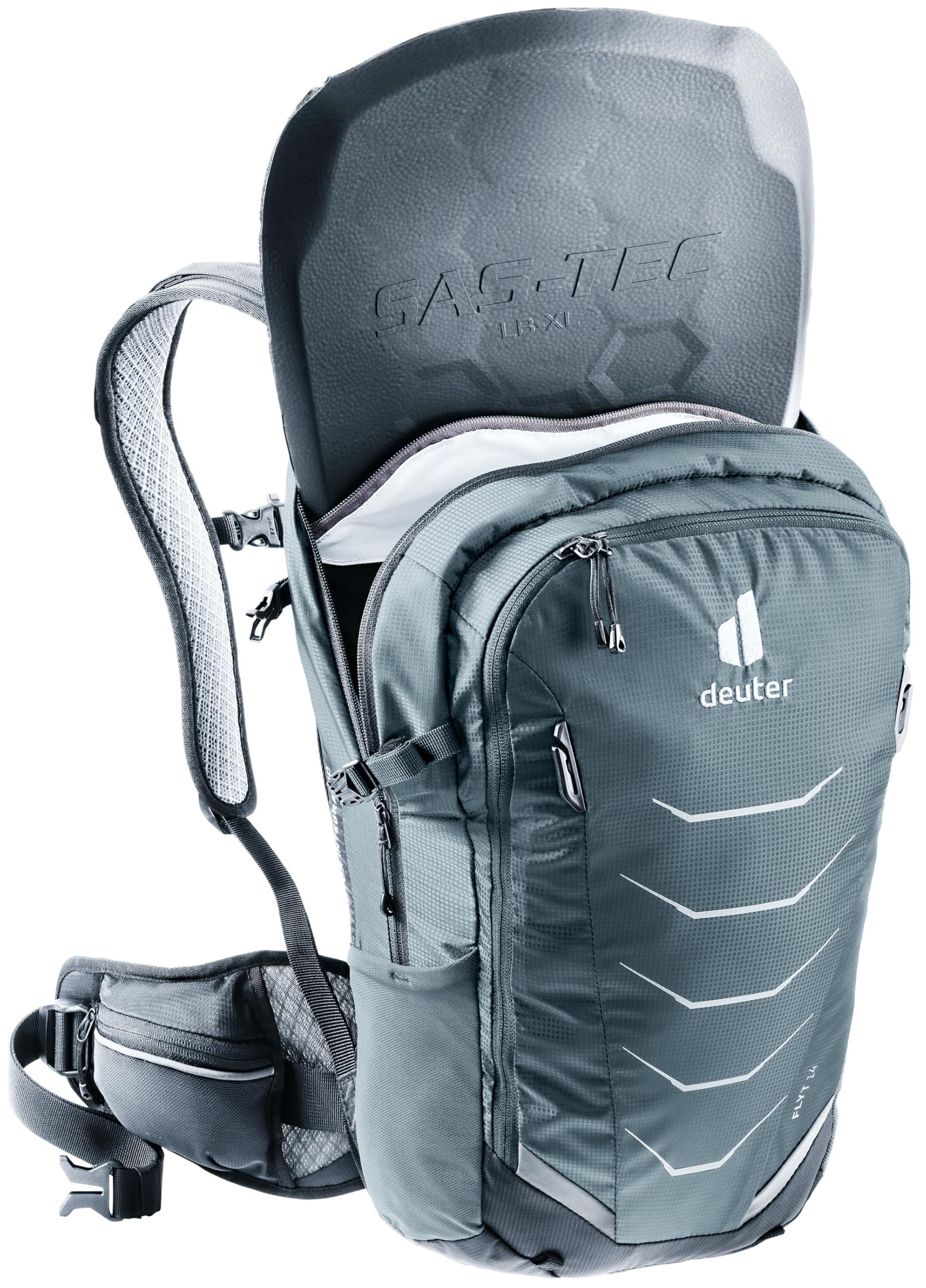 Deuter Flyt 14 full-face helmet attachment via side straps.