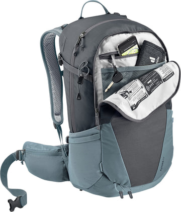 Deuter Futura 27 harness close-up shows ActiveFit pivoting system for personalized comfort.