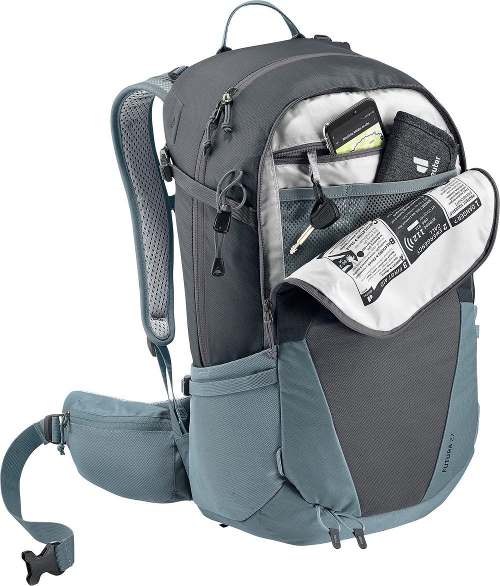 Deuter Futura 27 harness close-up shows ActiveFit pivoting system for personalized comfort.