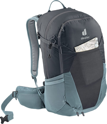 Deuter Futura 27 hip fin detail demonstrates dual-density foam stabilization for secure carry.