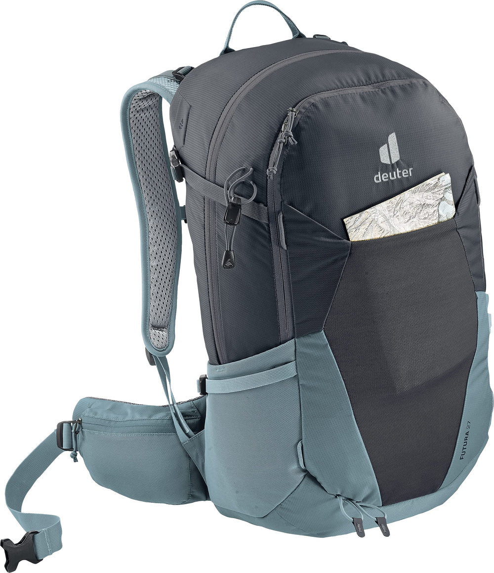 Deuter Futura 27 hip fin detail demonstrates dual-density foam stabilization for secure carry.