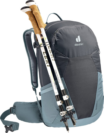Deuter Futura 27 side view emphasizes water-bottle pockets for easy hydration on trails.