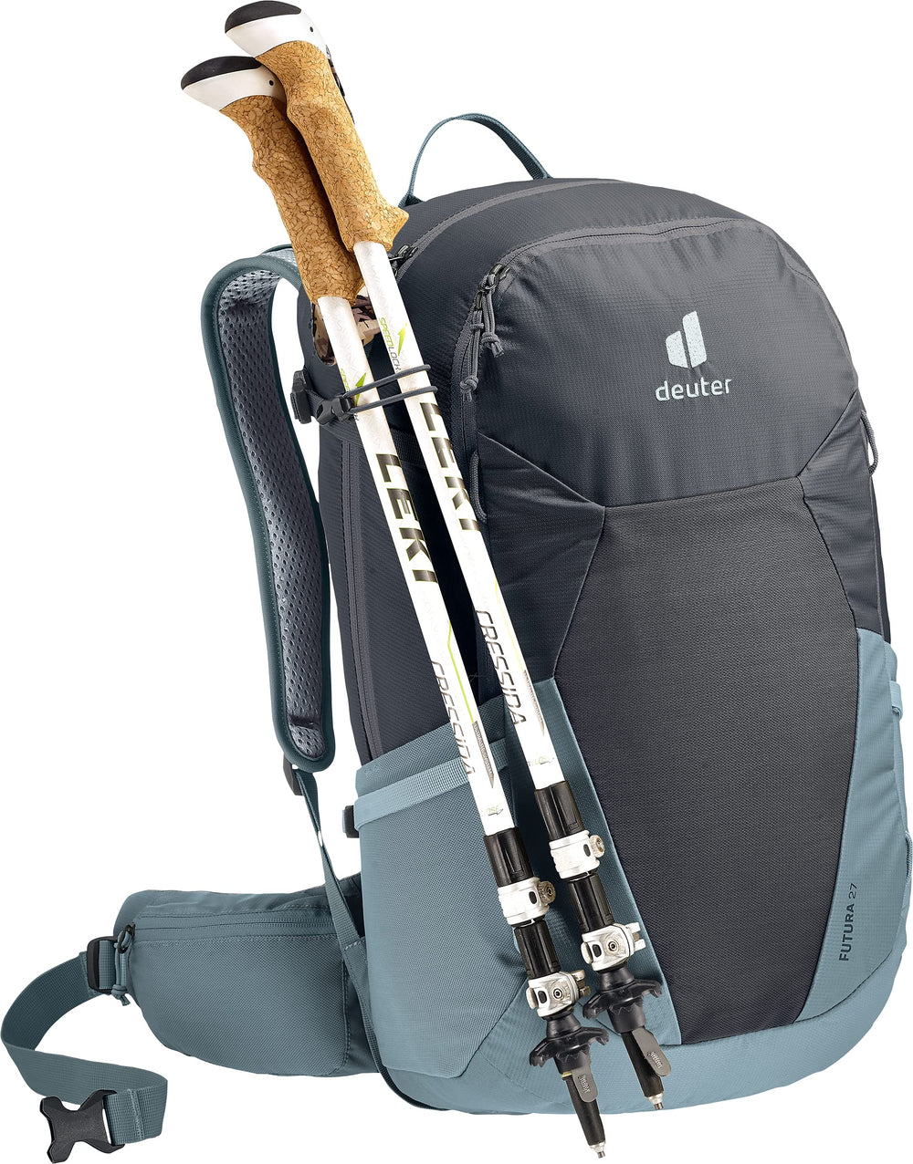 Deuter Futura 27 side view emphasizes water-bottle pockets for easy hydration on trails.