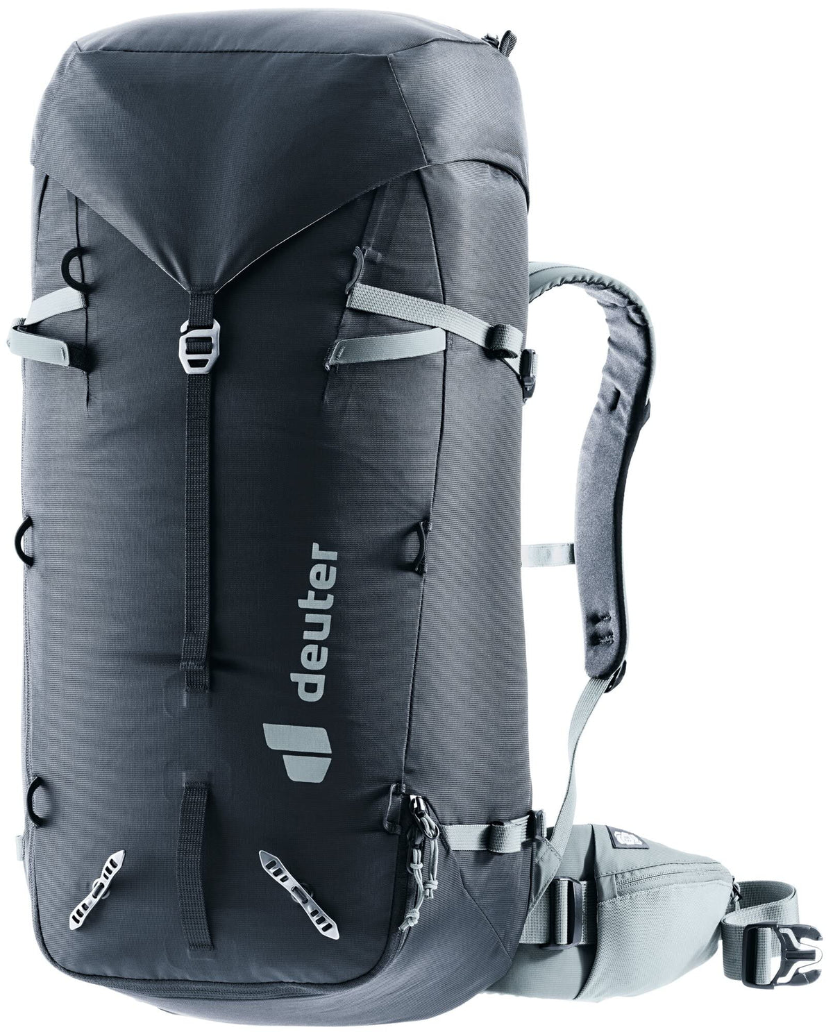 Deuter Guide 34+8L front view shows ergonomic fit for alpine climbs