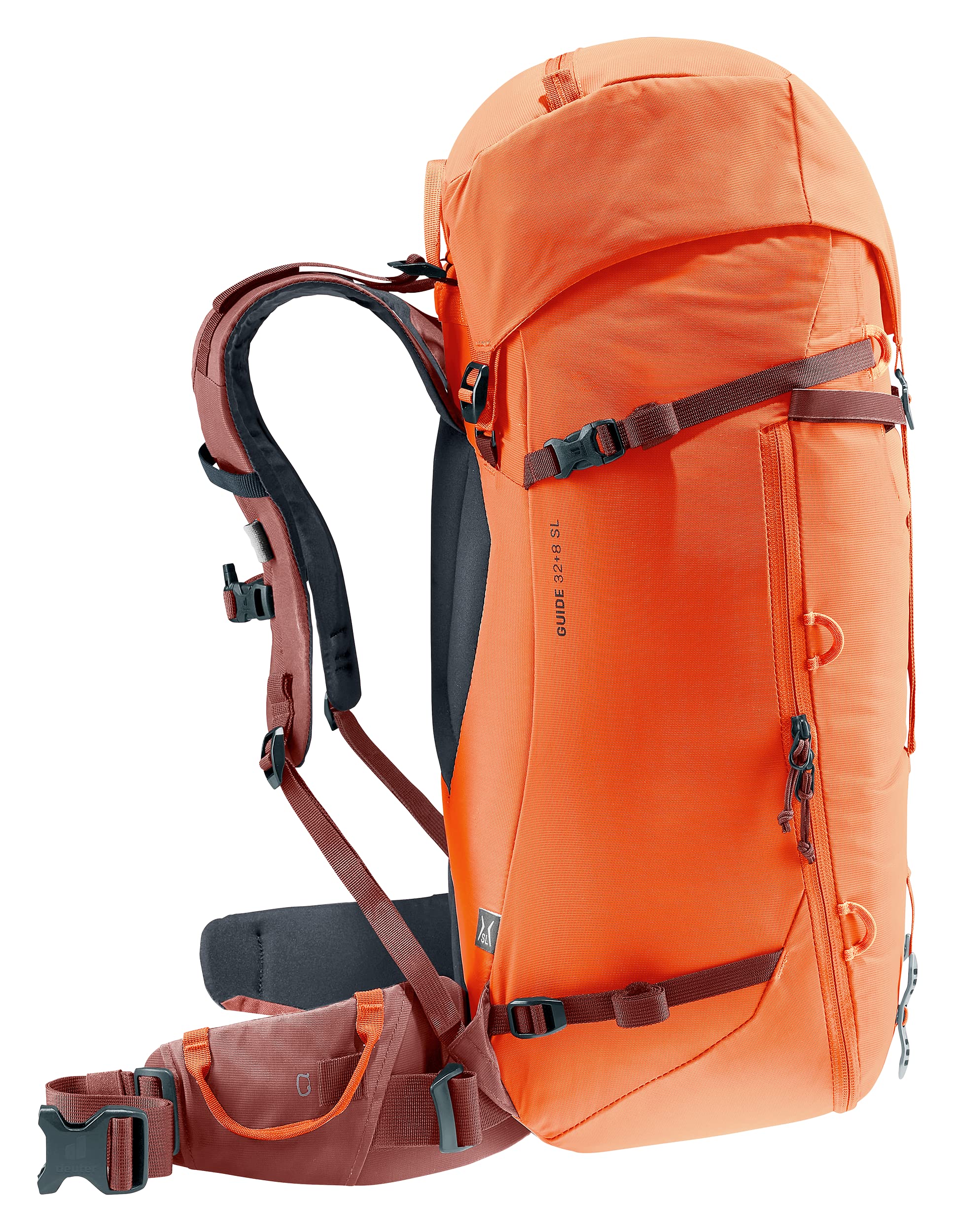 Ice axe and hiking pole attachments on the Deuter Guide 34+8L