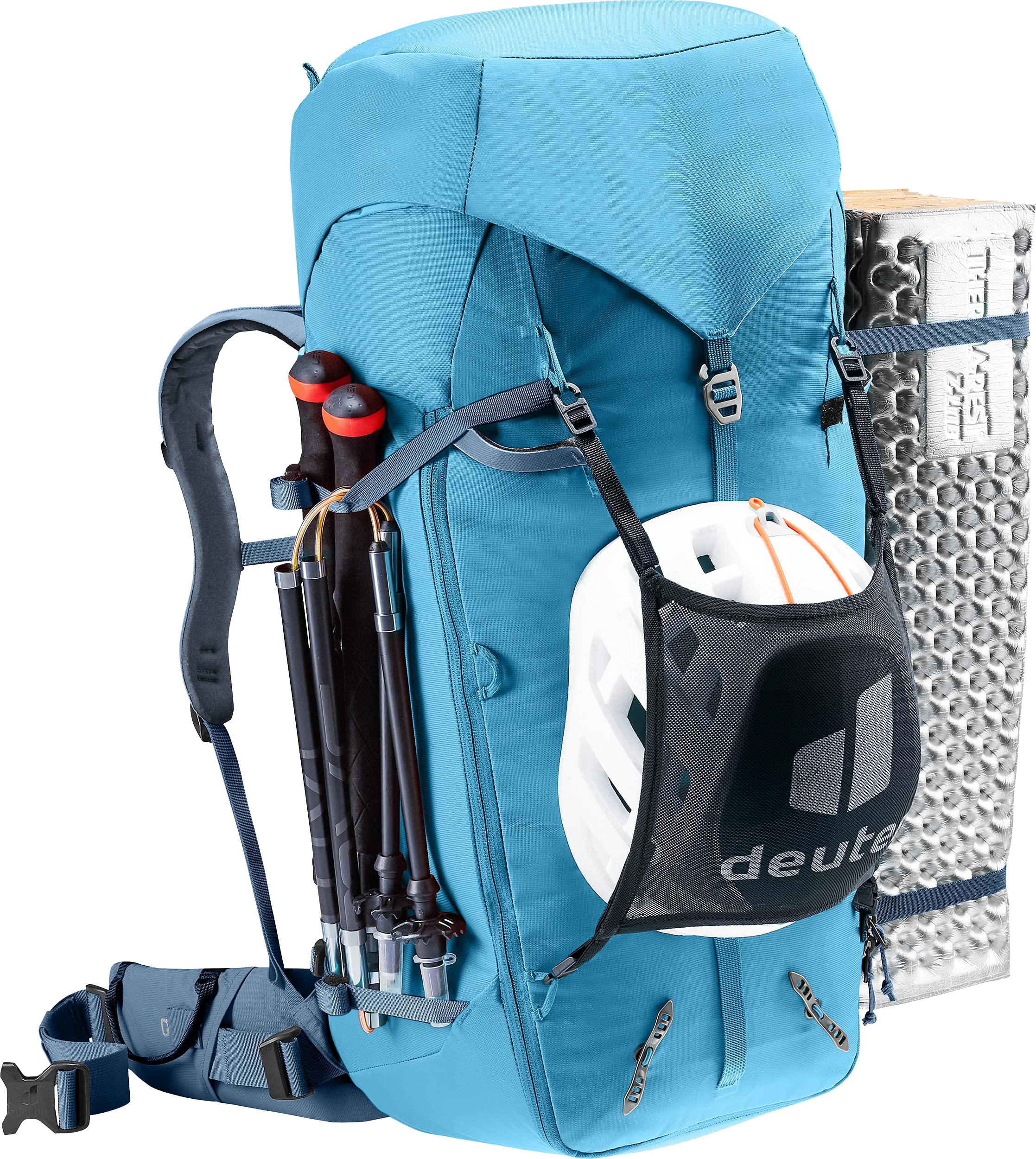 Deuter Guide 44+8 gear loops organize ropes, carabiners, and small tools.