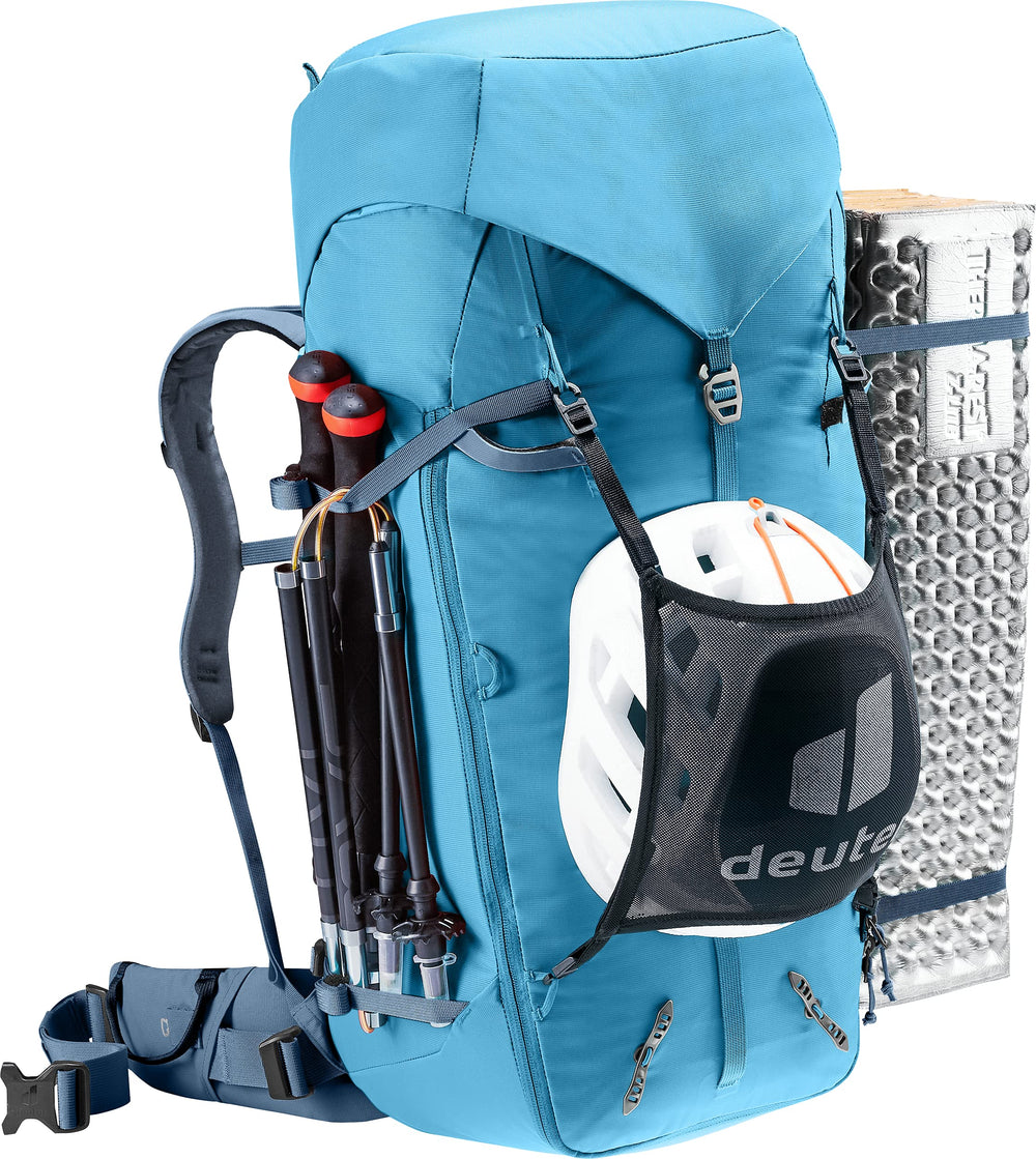 Deuter Guide 44+8 gear loops organize ropes, carabiners, and small tools.
