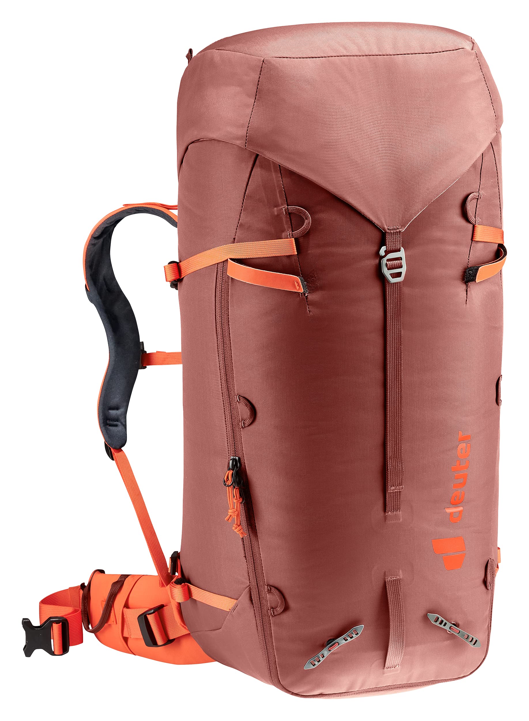 Deuter Guide 44 ice axe and pole attachments for quick tool access.