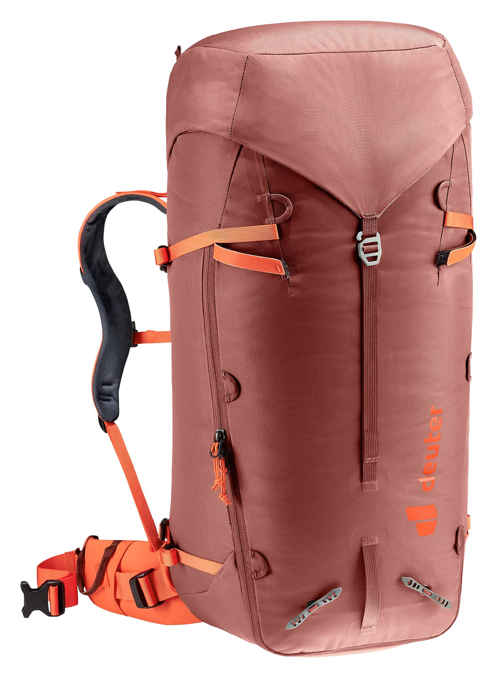 Deuter Guide 44 ice axe and pole attachments for quick tool access.