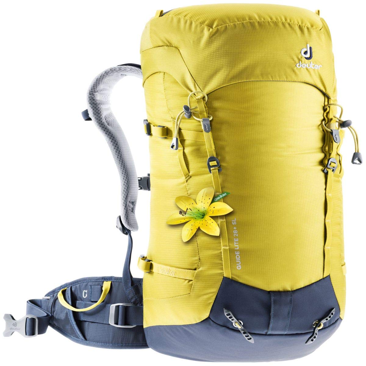 Deuter Guide Lite 28+ SL front view highlighting a lightweight alpine backpack for women on alpine expeditions