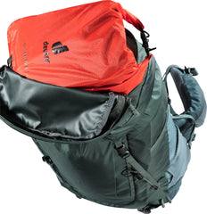 Deuter Light Drypack 5 attached to backpack via D-ring for hands-free carry