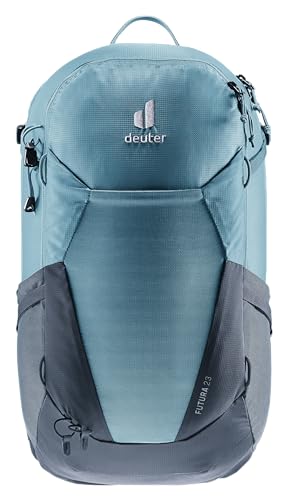 Deuter minimalistic 23l Atlantic-Ink back ventilation highlights breathable mesh for cooler climbs.