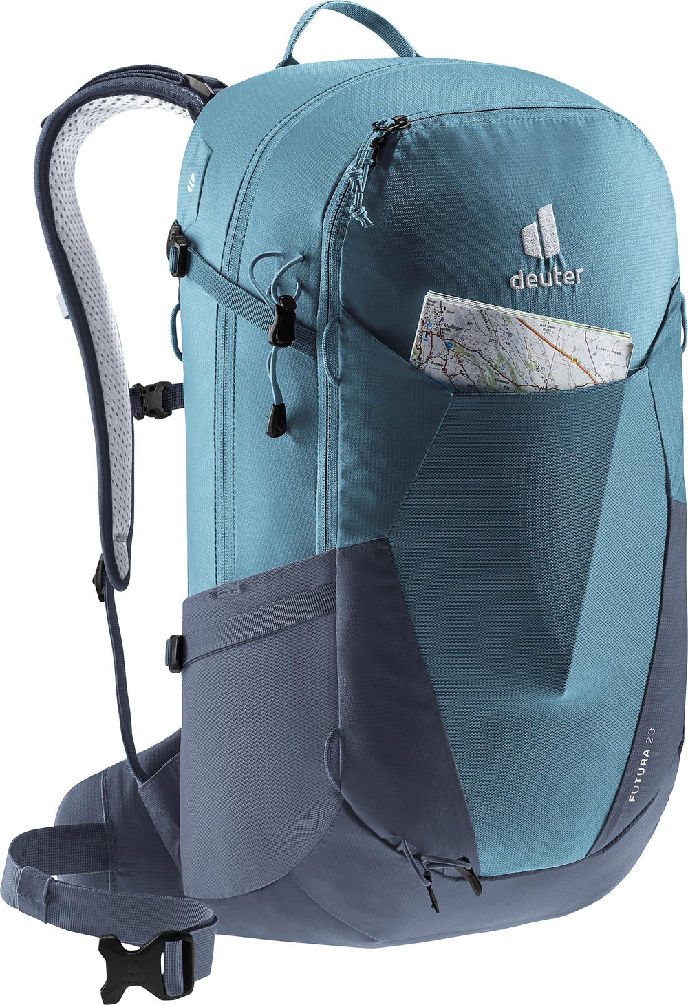 Deuter minimalistic 23l Atlantic-Ink hydration sleeve keeps water accessible on long routes.