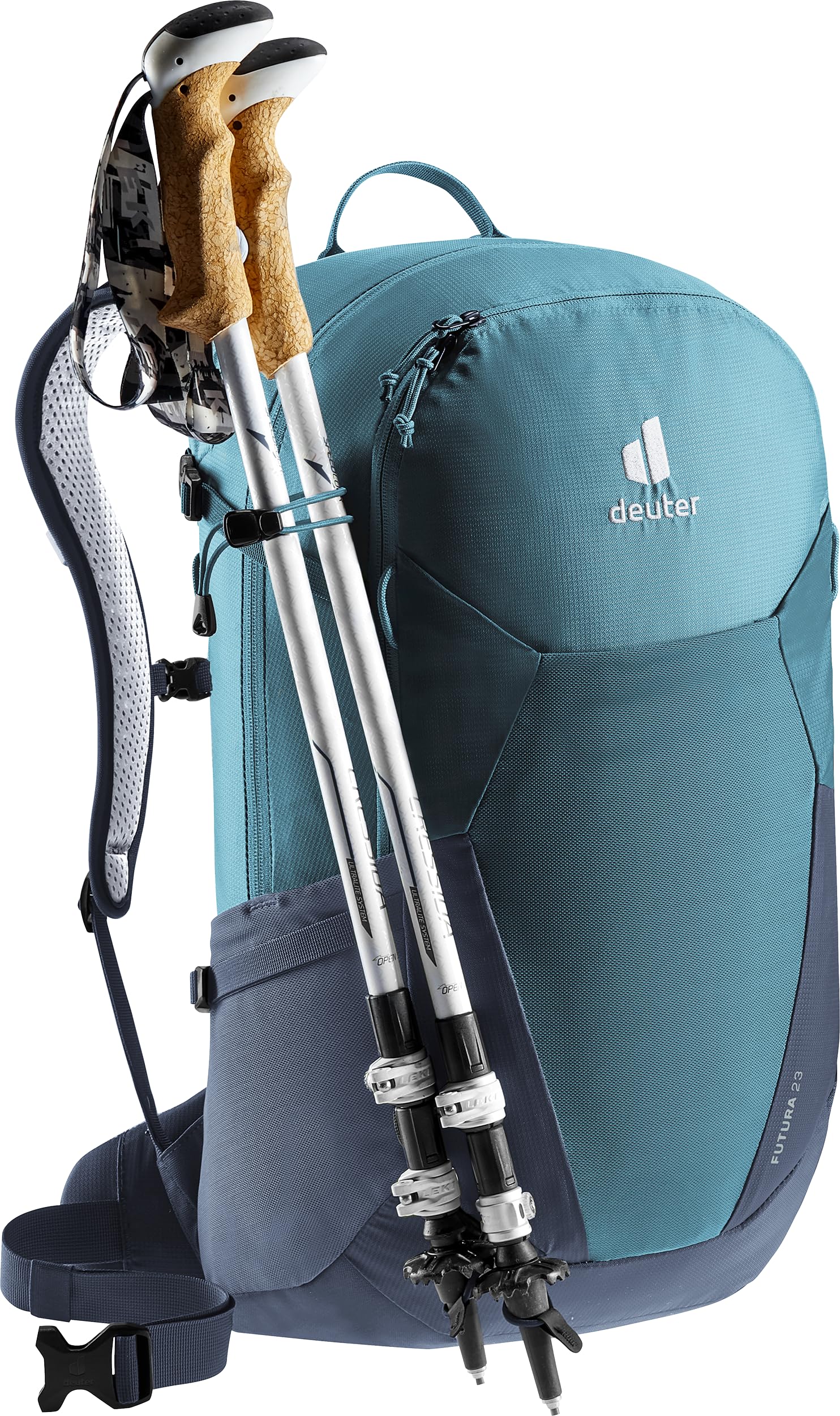 Deuter minimalistic 23l Atlantic-Ink mesh-back close-up highlights ventilation mesh.