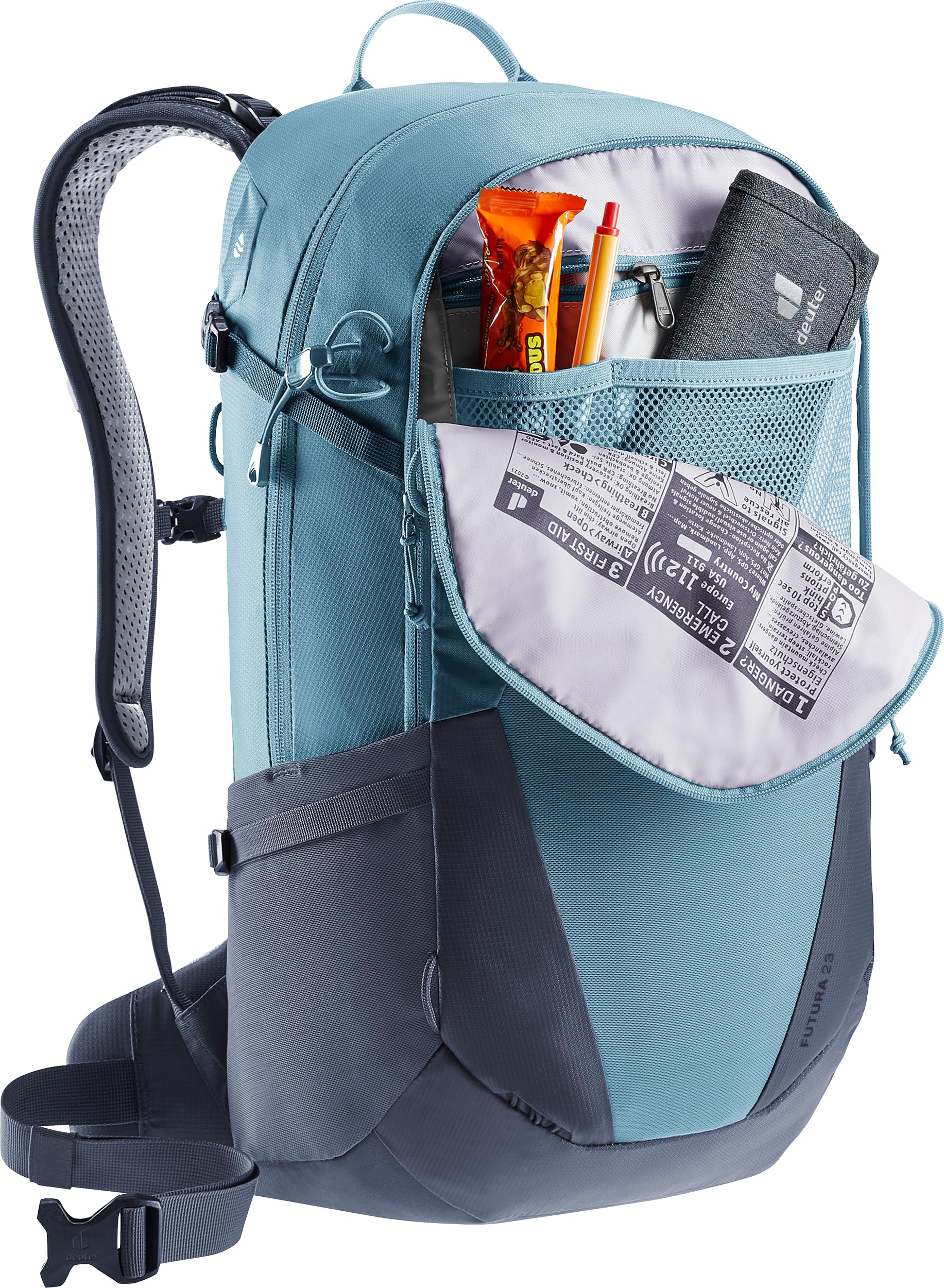 Deuter minimalistic 23l Atlantic-Ink side pocket expands carrying options.