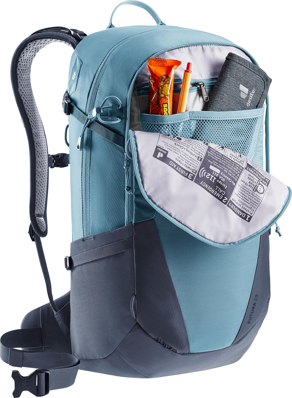 Deuter minimalistic 23l Atlantic-Ink side pocket expands carrying options.