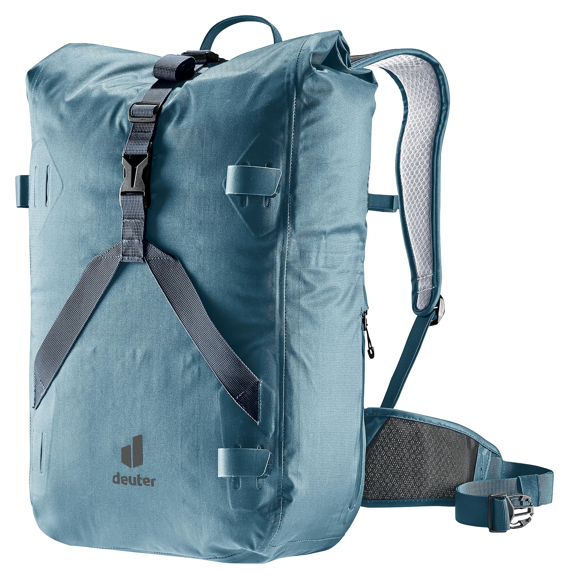 Deuter Minimalistic Atlantic 25+5 L roll-top close-up, weather protection for daily essentials.