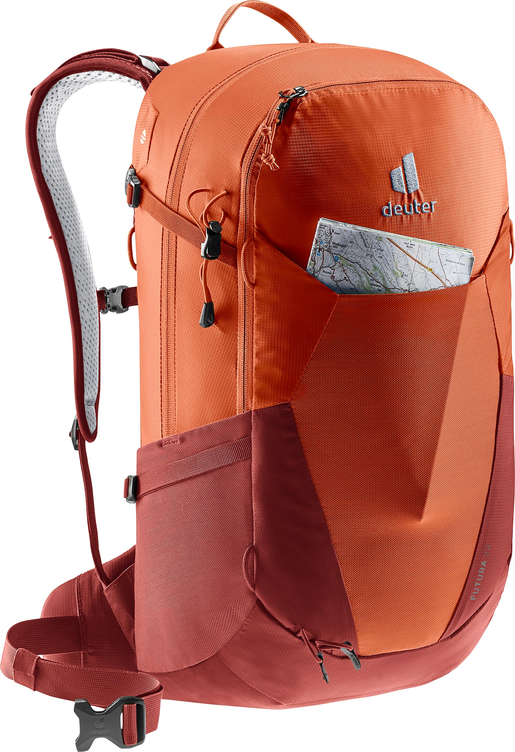 Deuter Minimalistic removable rain cover stored in its dedicated compartment.