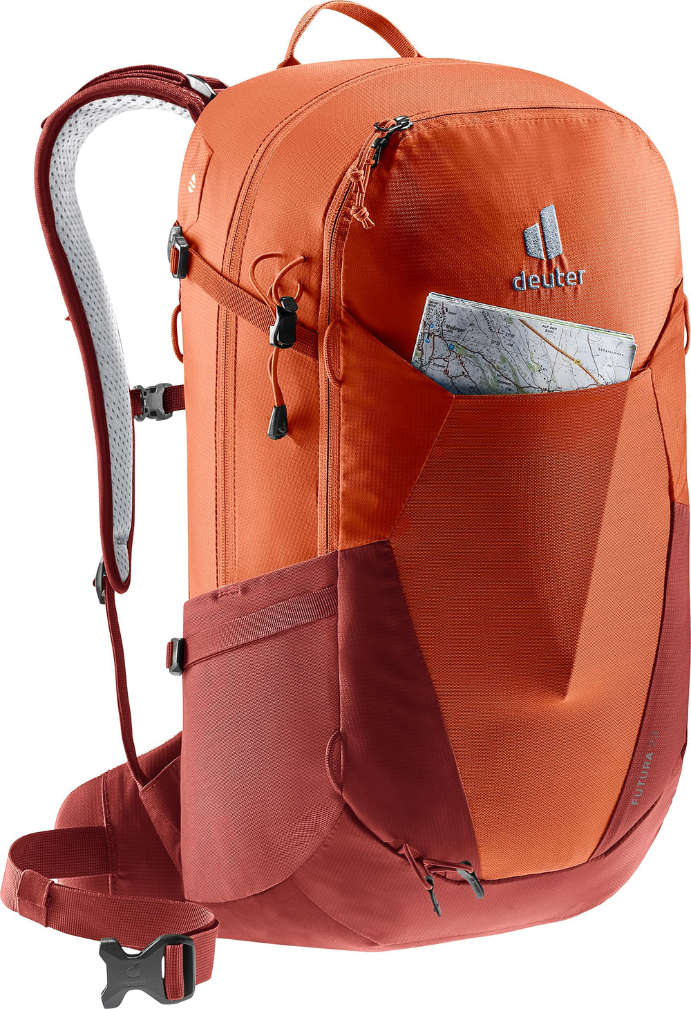 Deuter Minimalistic removable rain cover stored in its dedicated compartment.