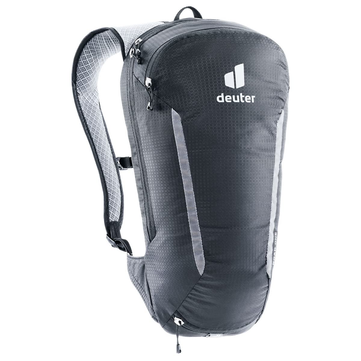 Deuter One Road backpack in black, compact 5L, ideal for light rides and quick access.