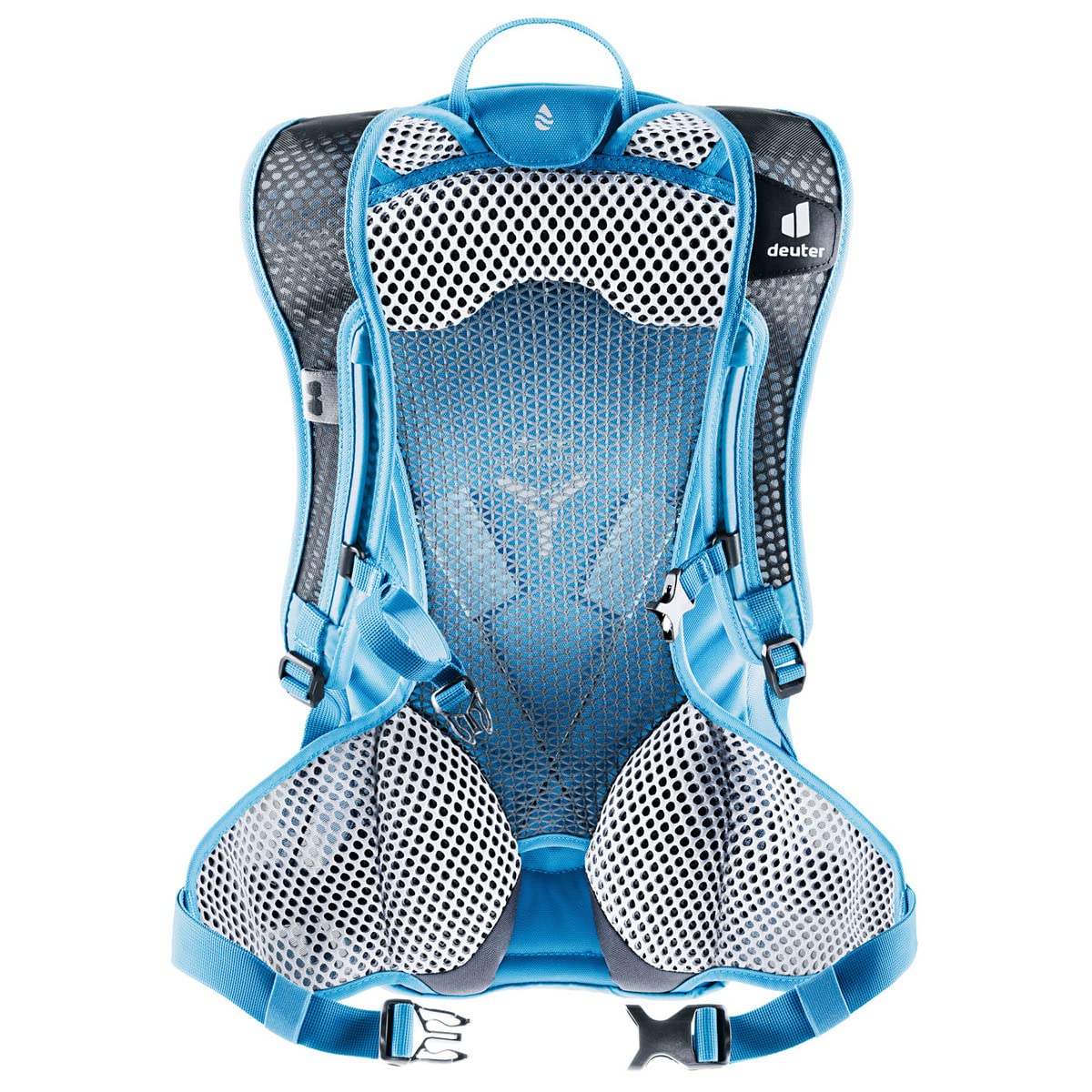 Deuter Race Air 10L azure-lapis back view emphasizing ventilation and reflective safety elements