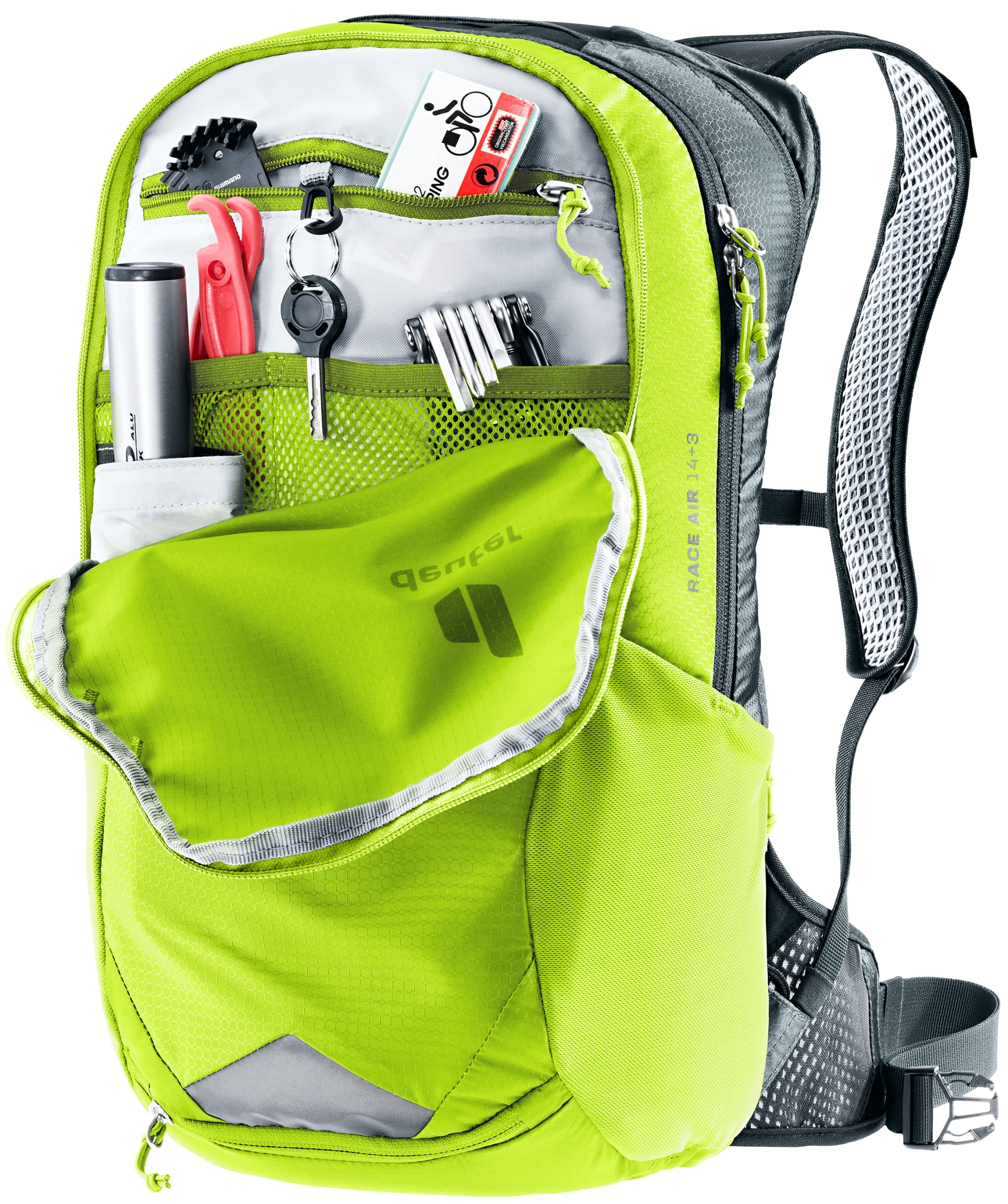 Deuter Race Air 14+3 main pocket keeps items organized.