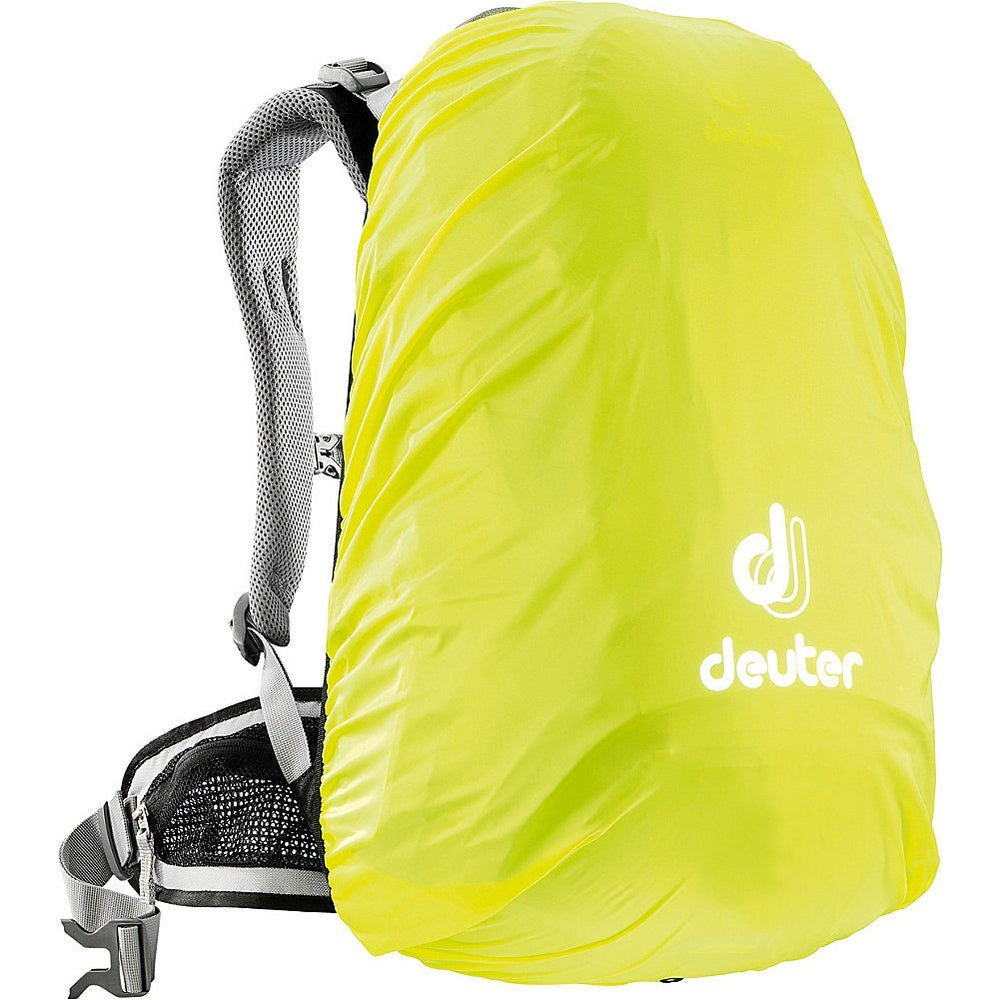 Deuter Raincover II neon on backpack protects gear in wet conditions.