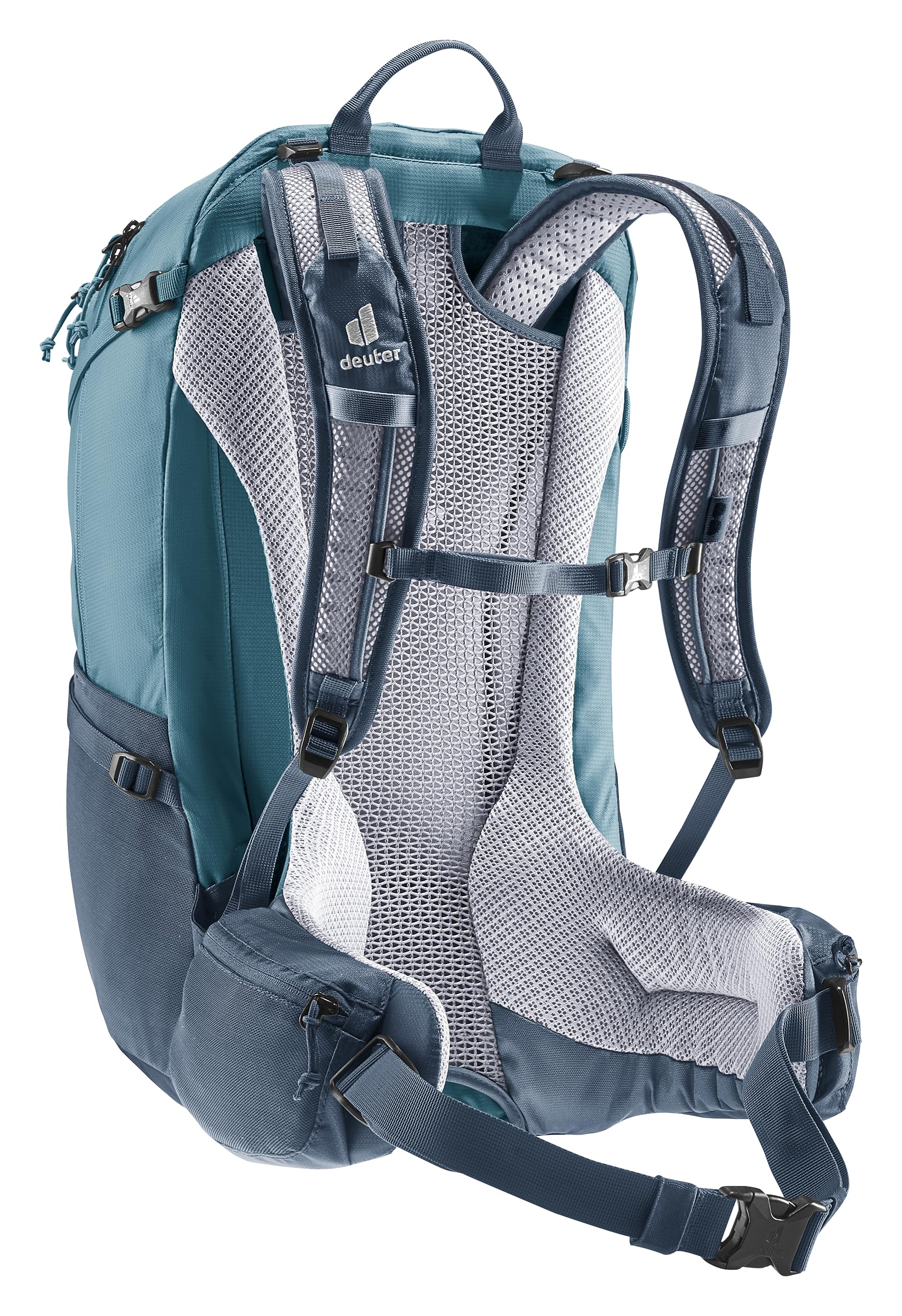 Deuter removable rain cover stored in its own compartment for sudden showers.