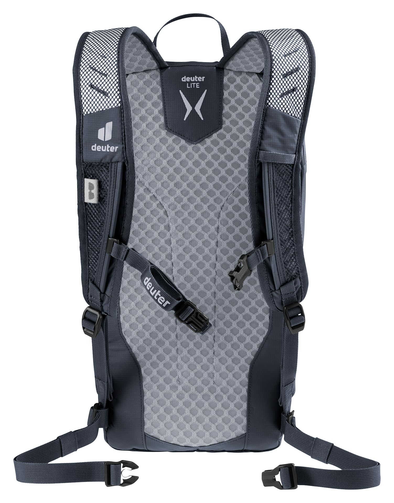 Deuter Speed Lite 13L backpack back view shows adjustable sternum straps for stable carries.