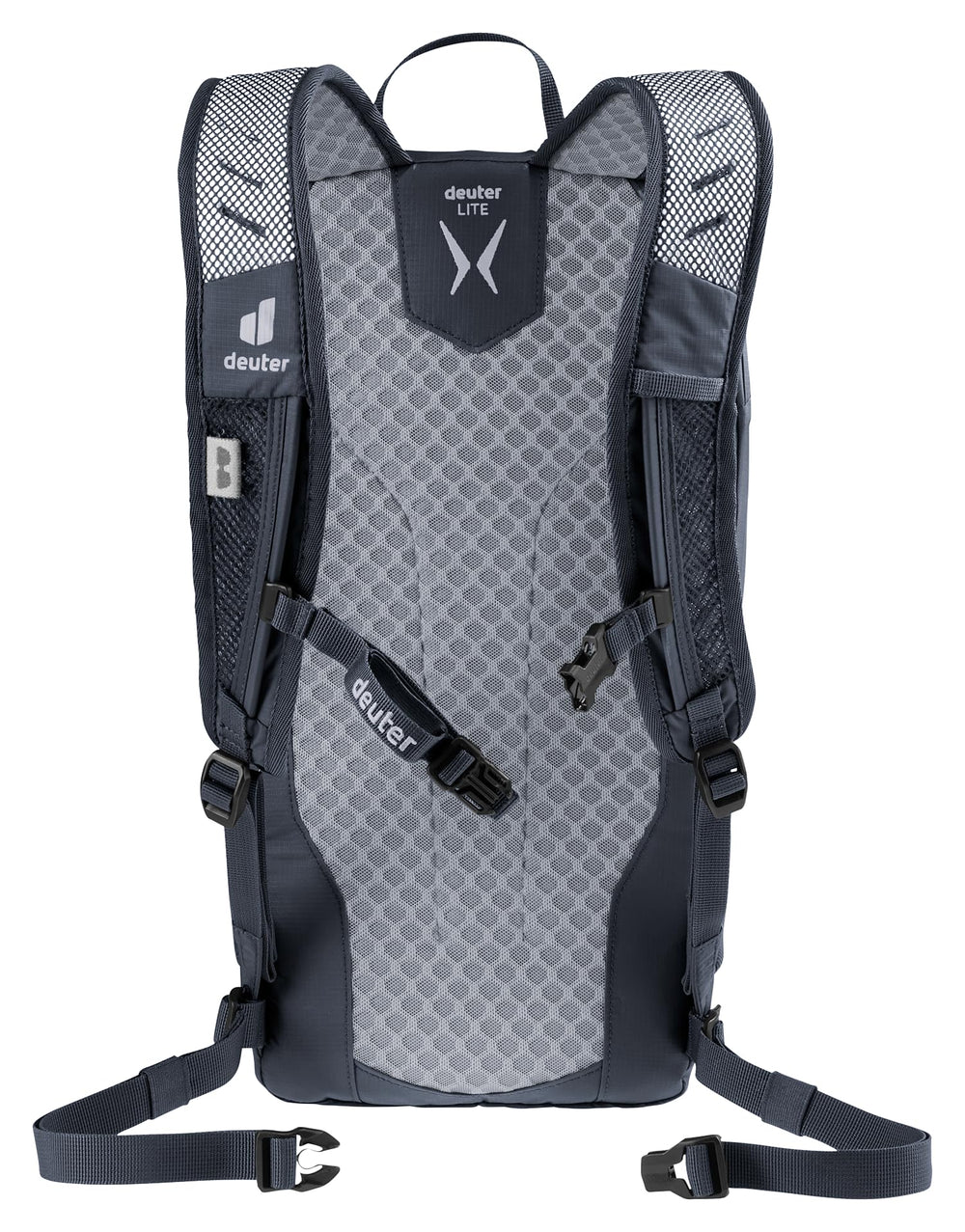 Deuter Speed Lite 13L backpack back view shows adjustable sternum straps for stable carries.