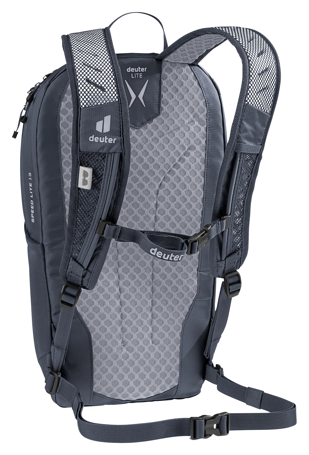 Deuter Speed Lite 13L backpack strap detail highlights secure, comfortable transit on trails.