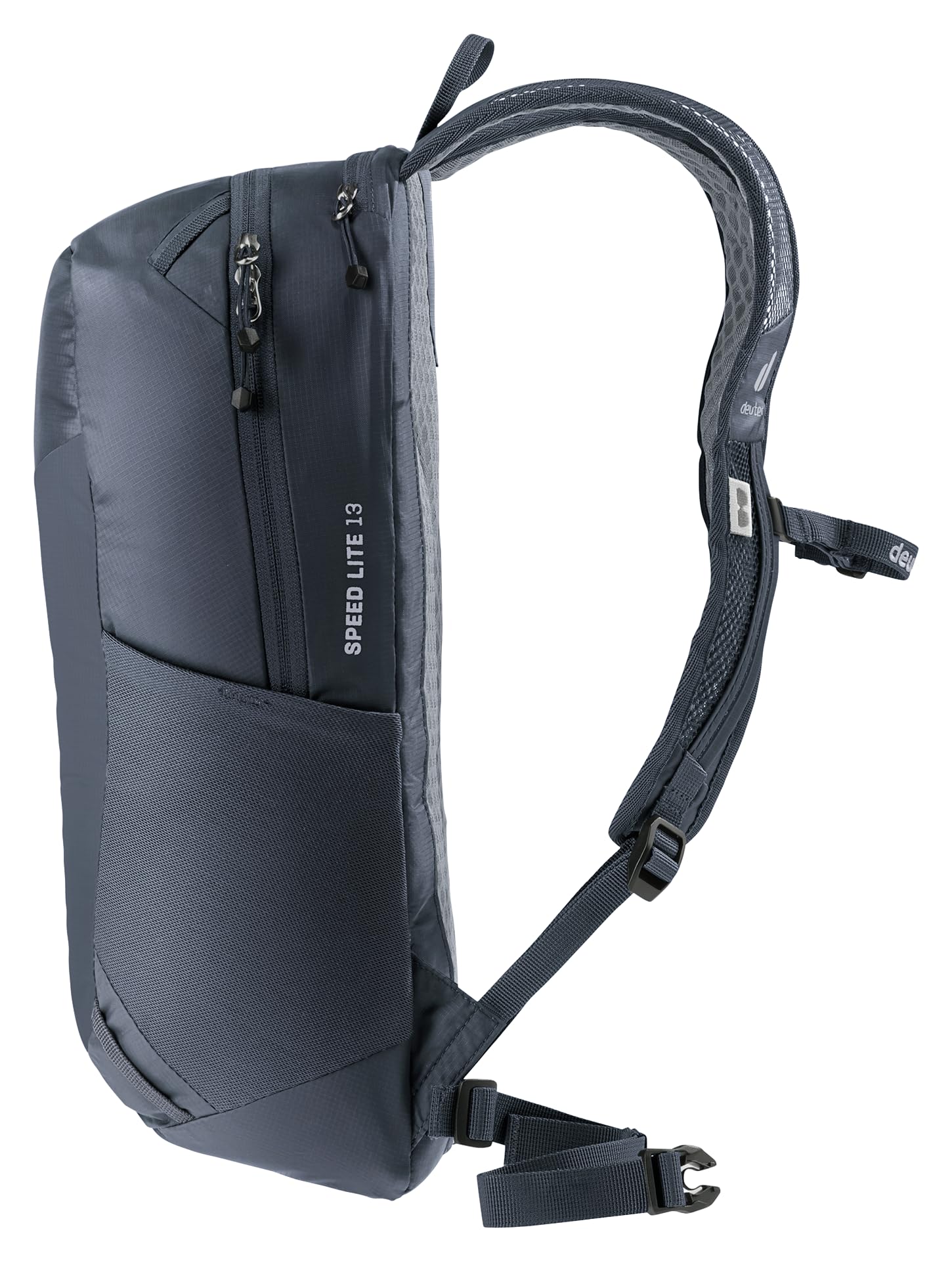Deuter Speed Lite 13L zipper pulls image showcases glove-friendly hardware for cold-weather use.
