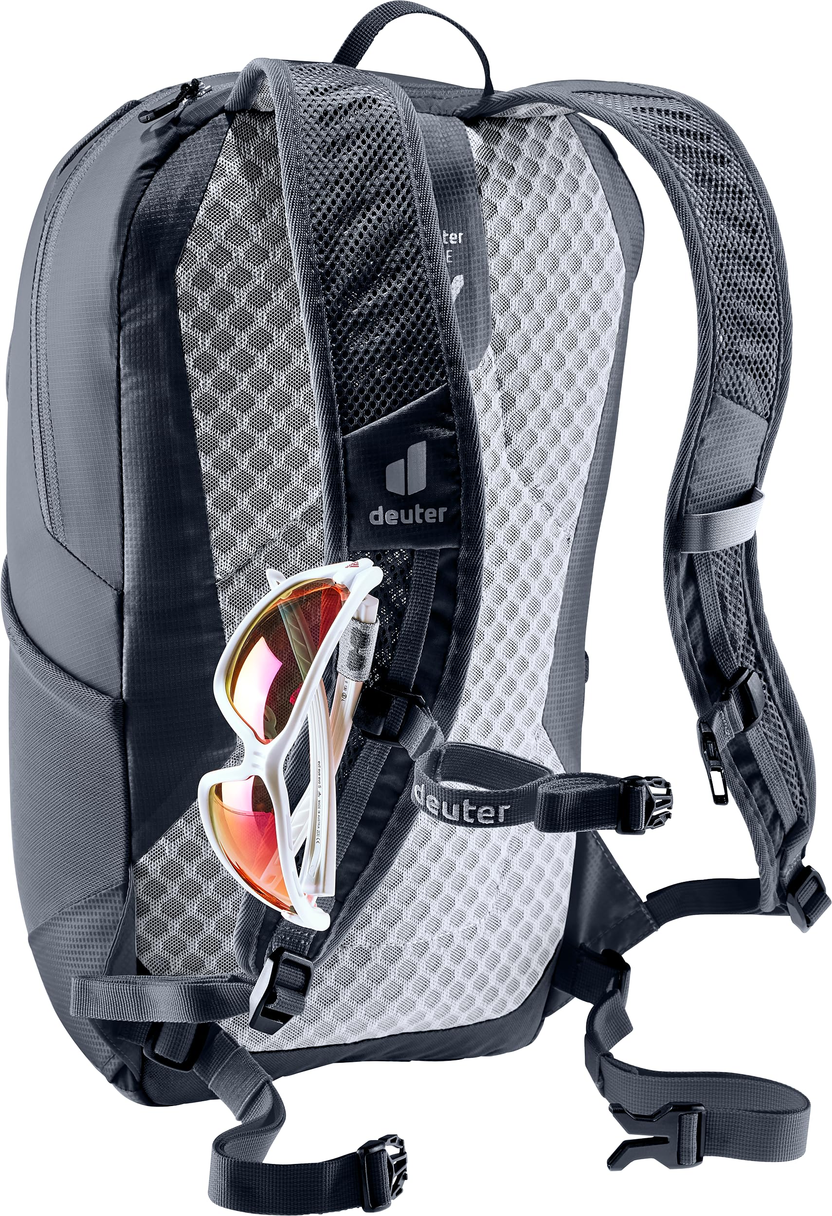 Deuter Speed Lite 17L glasses stow system keeps eyewear secure.