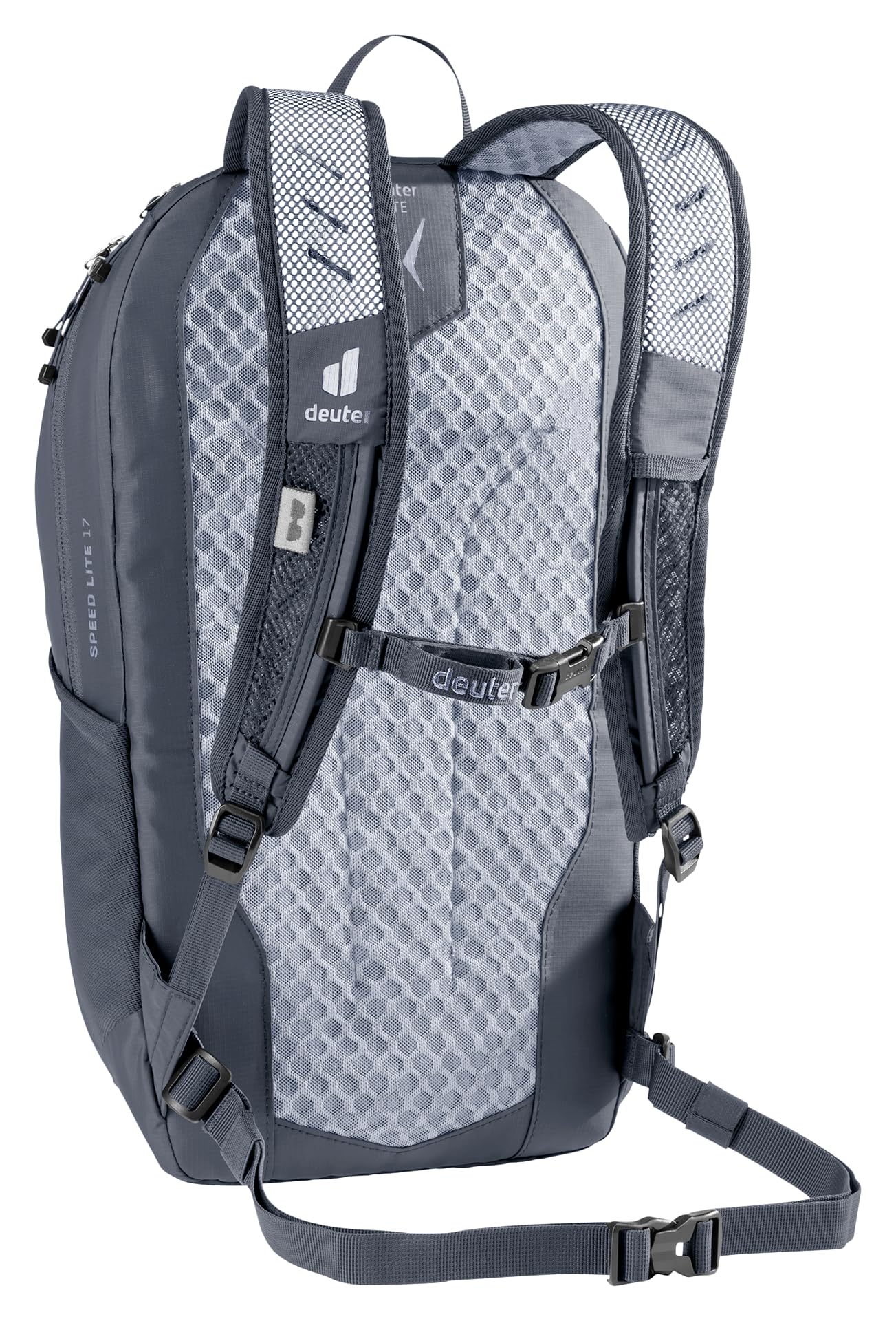 Deuter Speed Lite 17L top zip valuables pocket with key clip secures essentials.