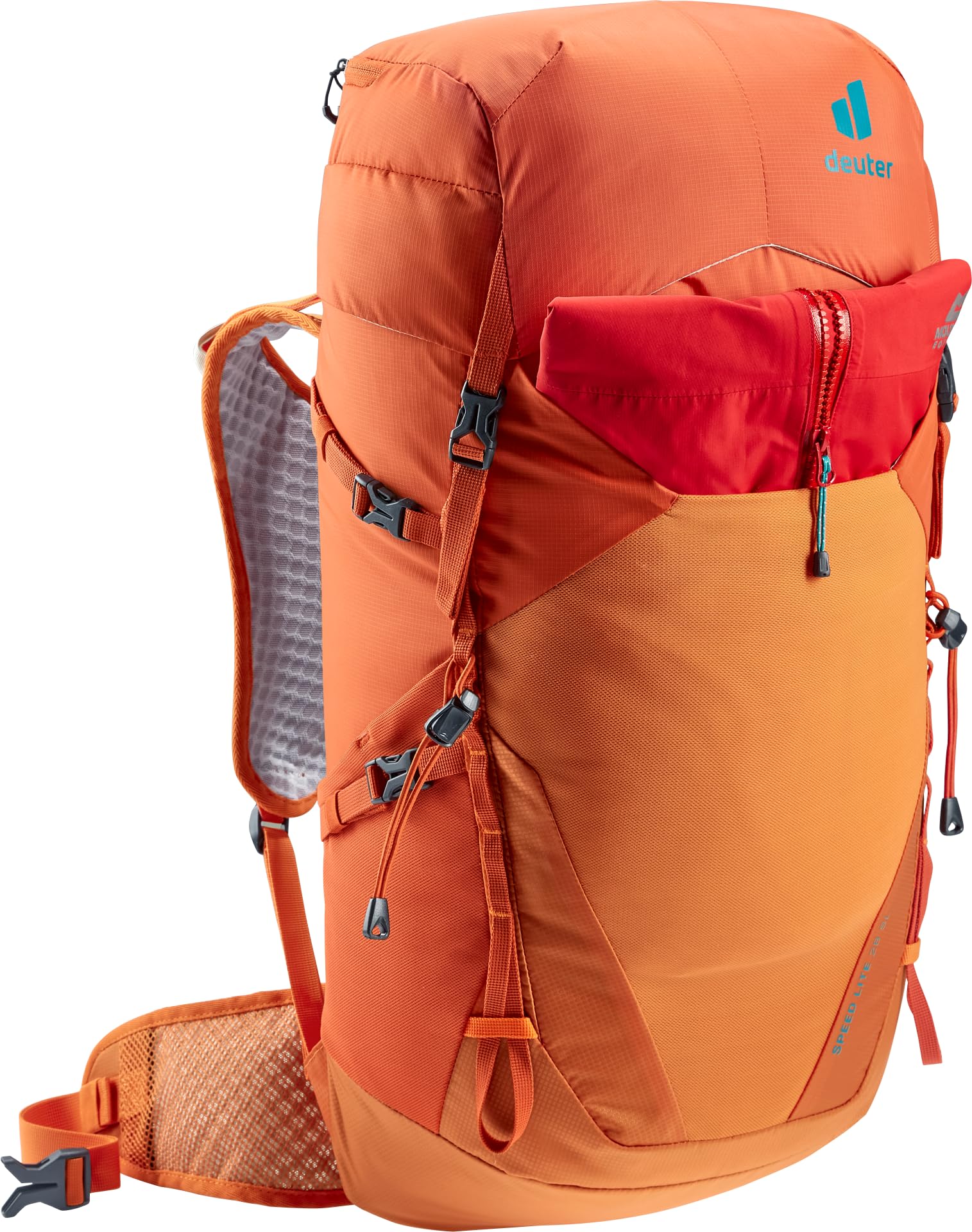 Deuter Speed Lite 28 SL side compression straps for compact packing.