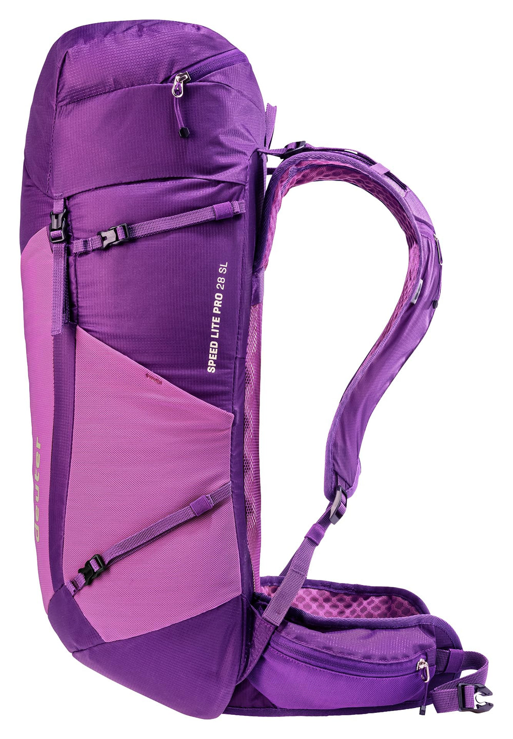 Deuter Speed Lite 28L SL backpack breathable hip fins for all-day comfort.