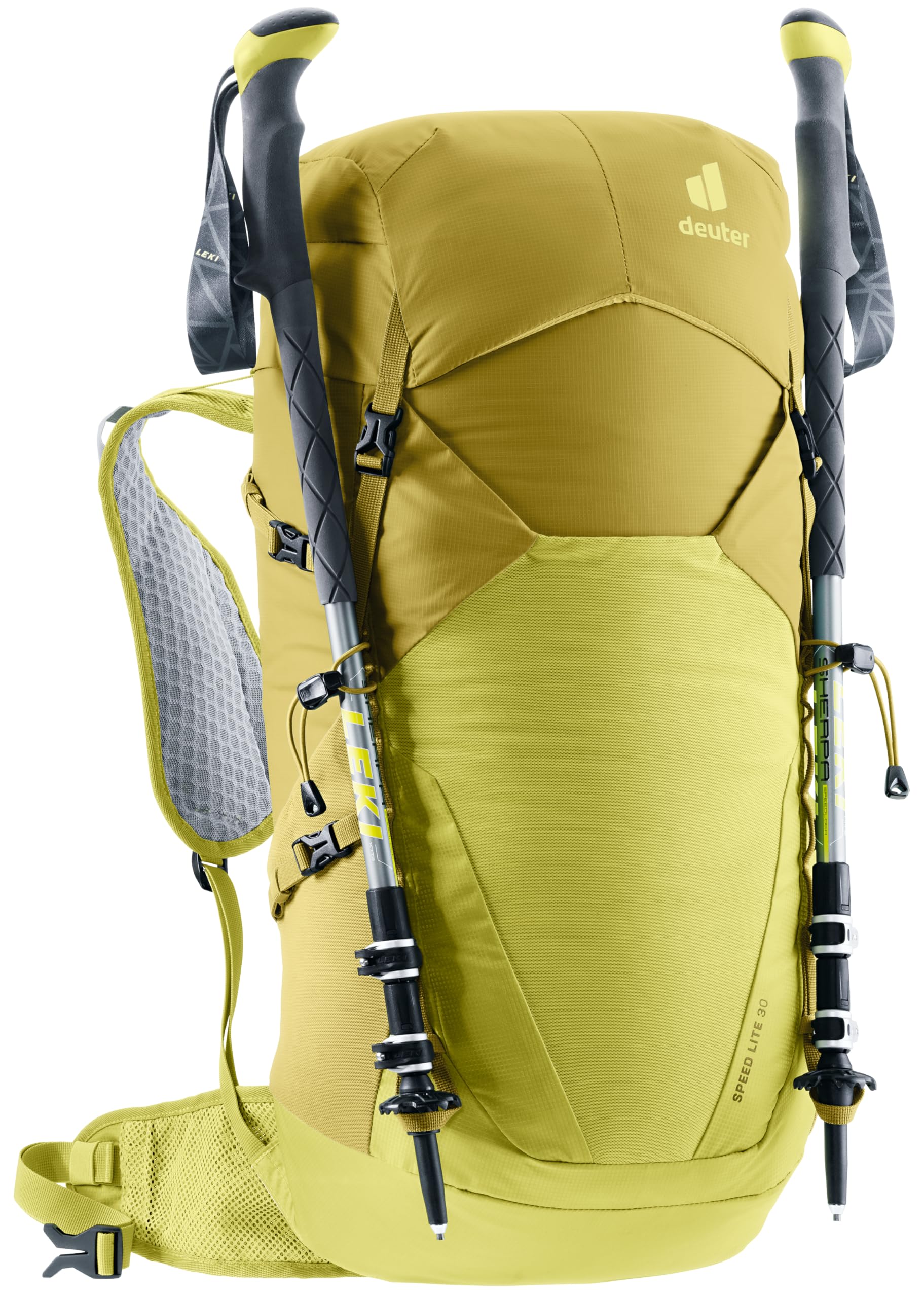 Deuter Speed Lite 30L trekking pole attachment on the front